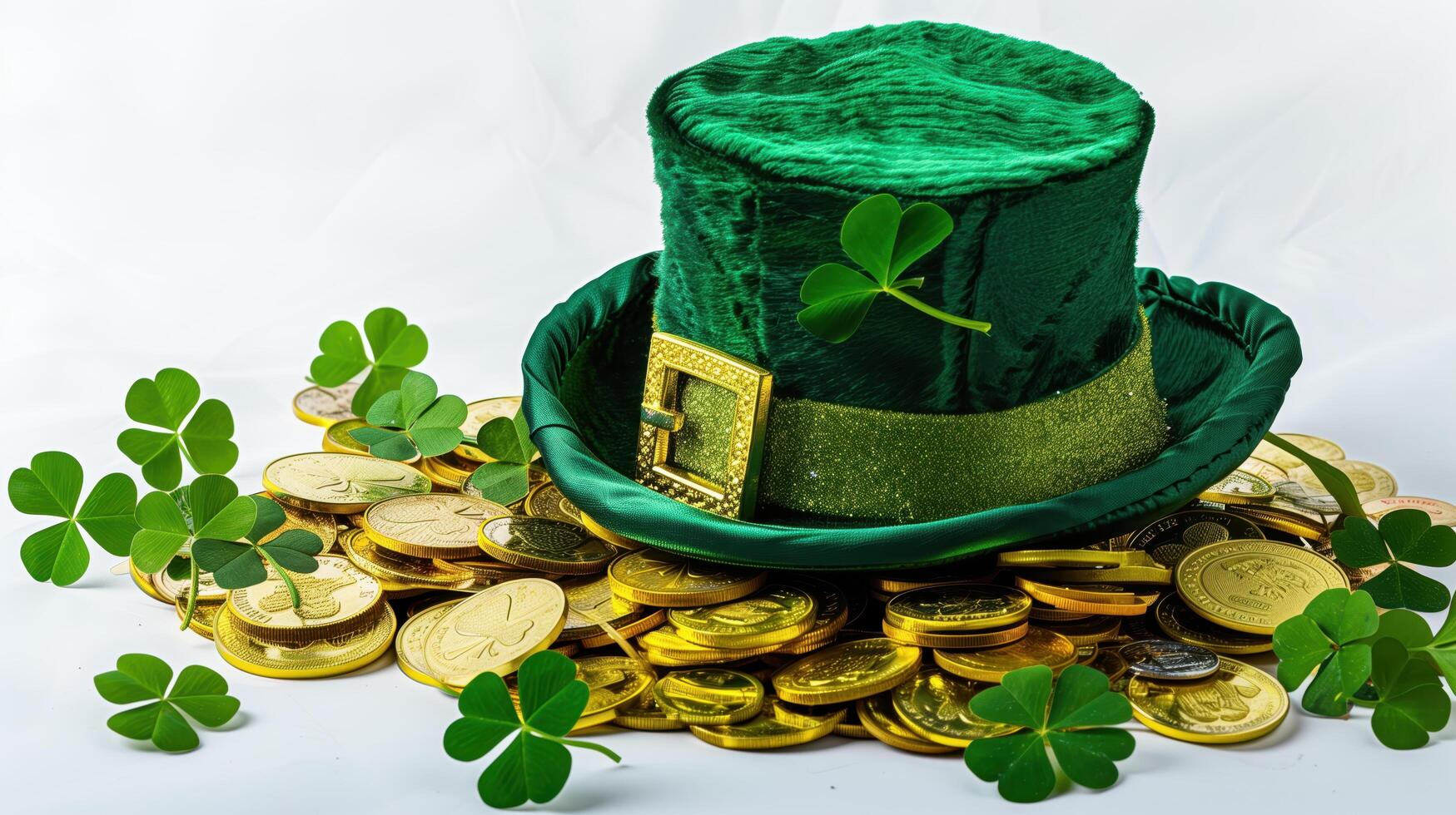 Green leprechaun hat rests on a mound of gold coins with scattered shamrocks, embodying the essence of st. Patrick's day photo