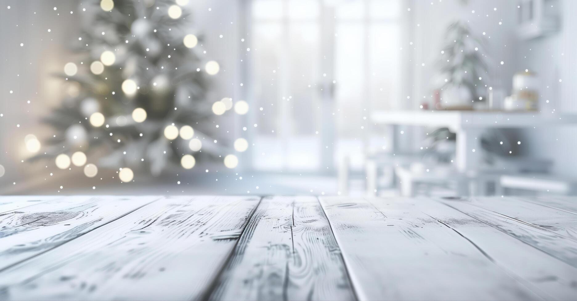 Snowfall and blurred christmas tree in the background of a white wooden tabletop photo