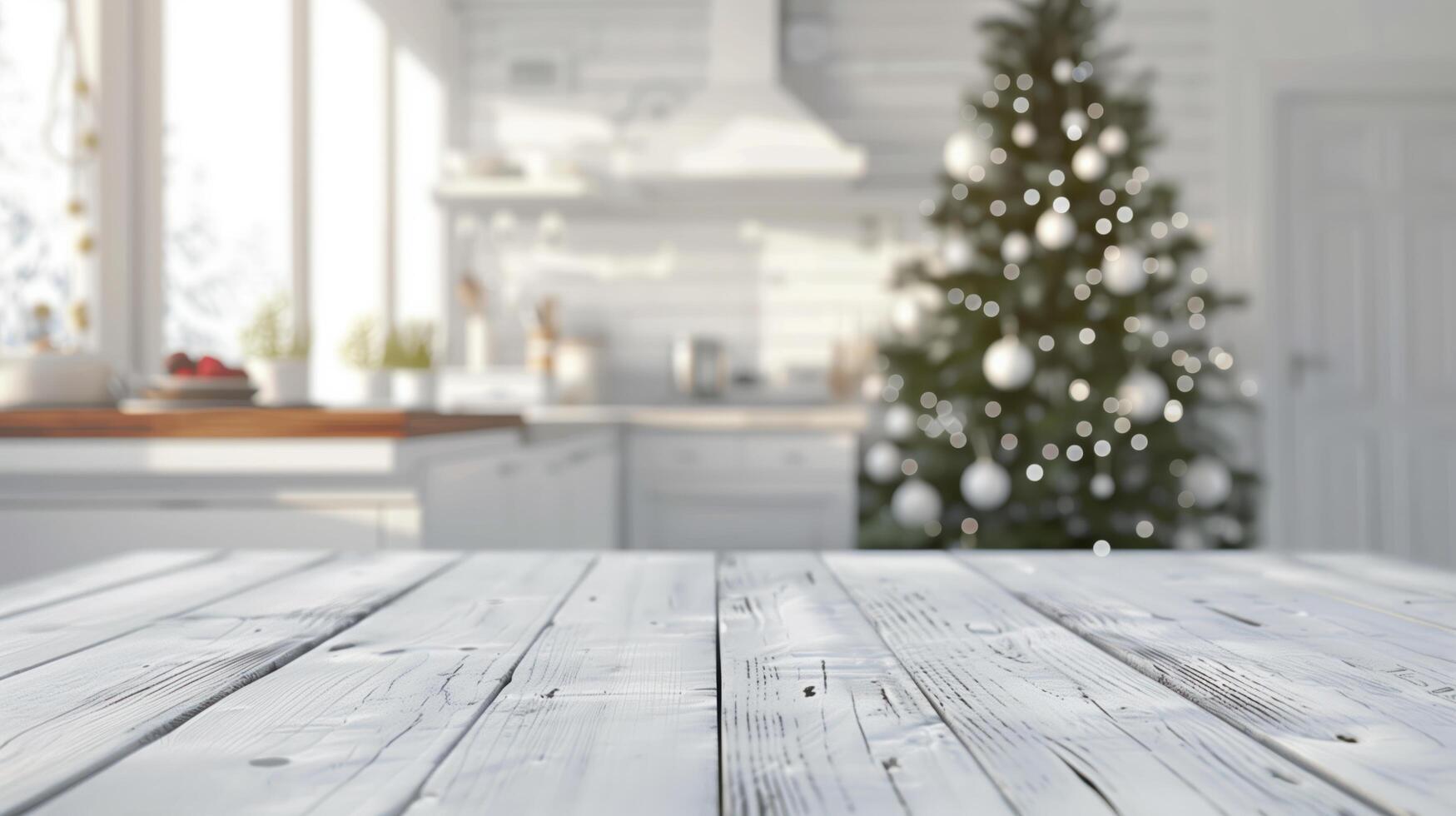 Blurred christmas kitchen background behind empty white wooden tabletop, ideal for product display montage photo