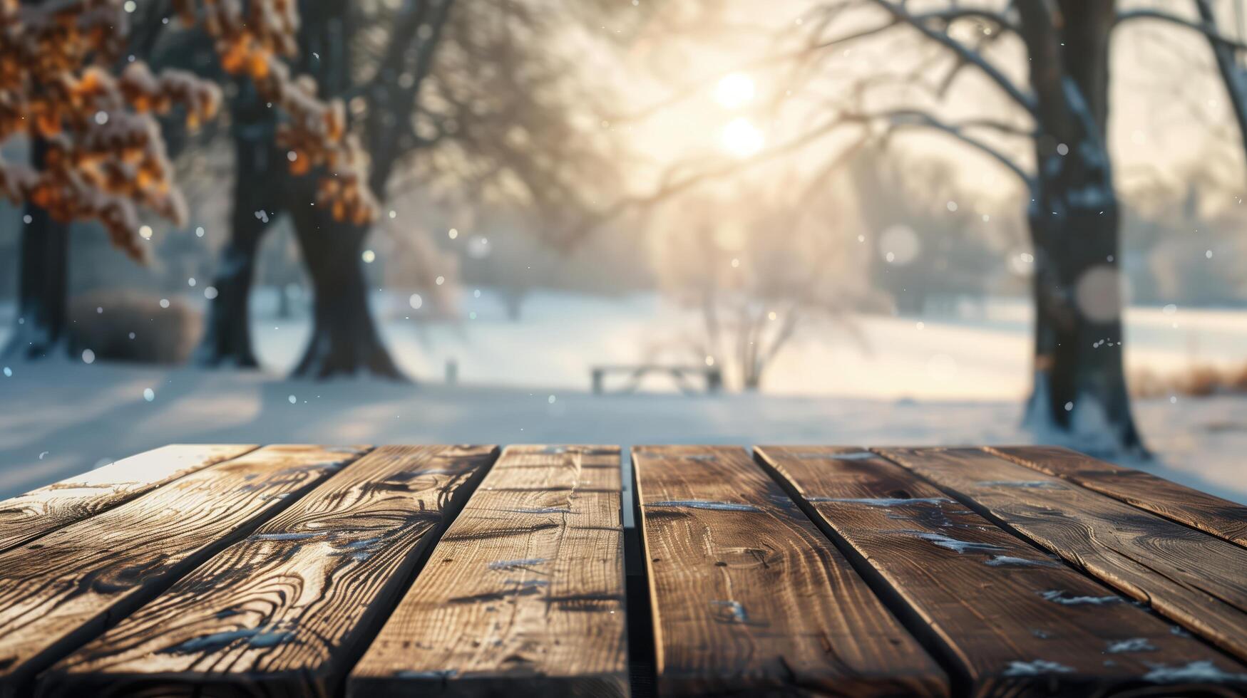 Empty wooden table is displaying a blurry winter scene with falling snow and sunshine at the background photo