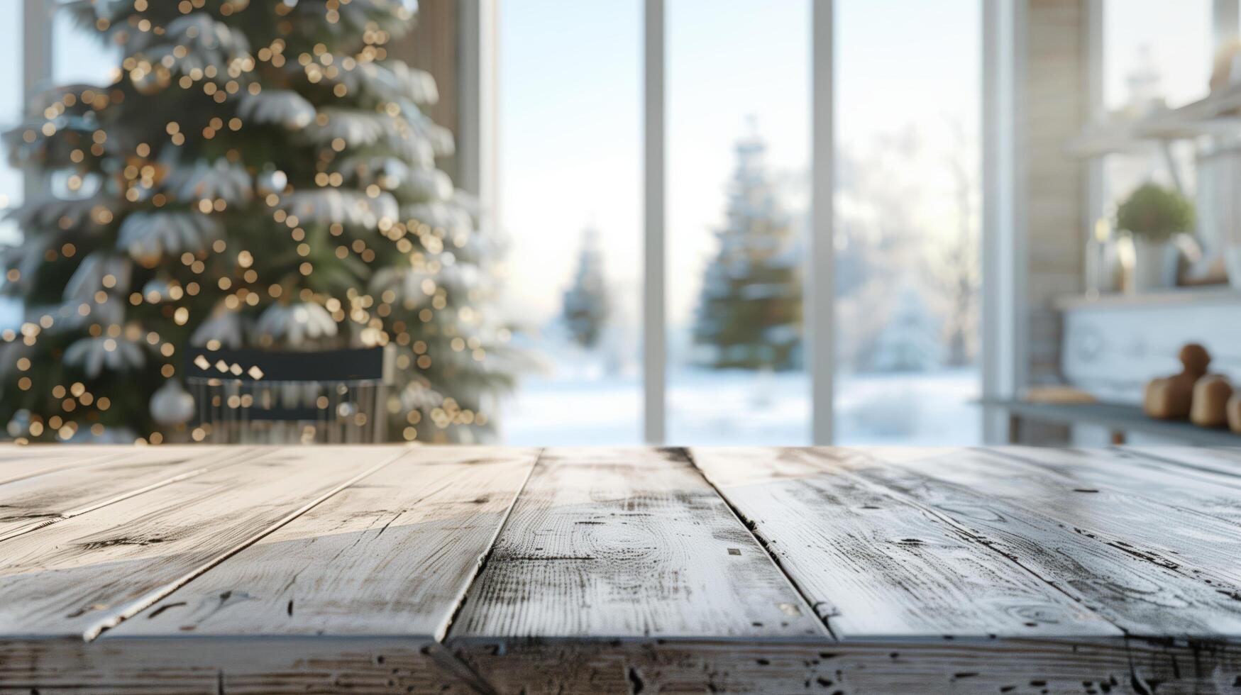 Christmas tree and winter landscape in the background of an empty wooden table surface photo