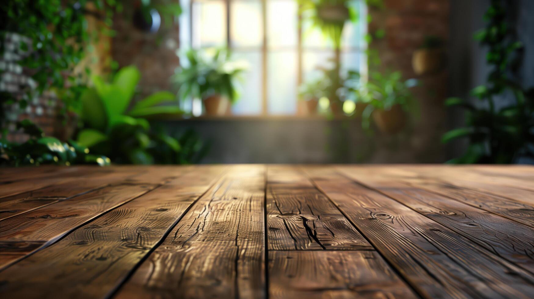 Blank wooden table with a tropical plant background and a bright window, ideal for showcasing products photo