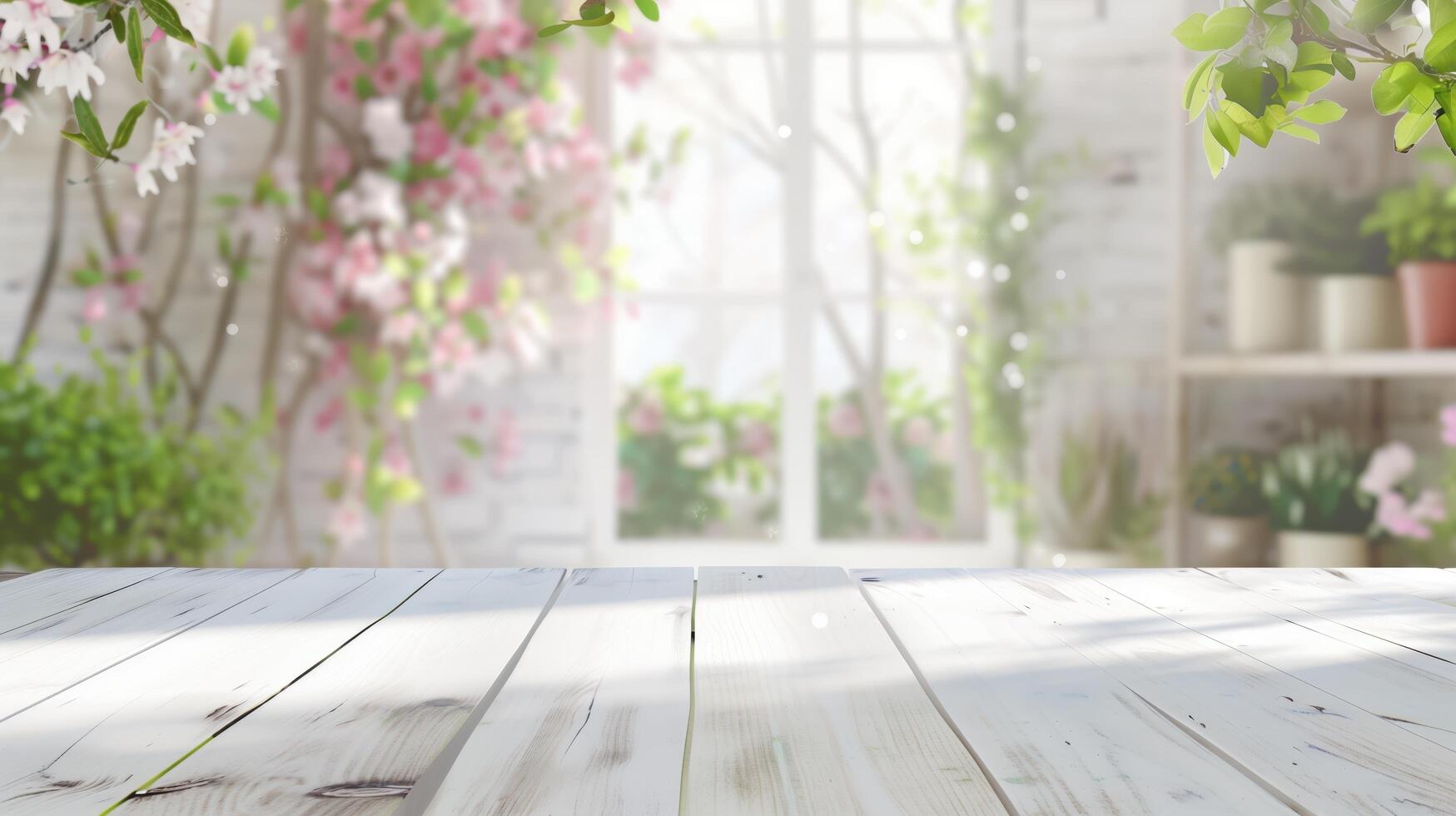 Empty wooden tabletop with a blurred flower shop backdrop, perfect for product display. Warm sunlight highlights wooden texture photo