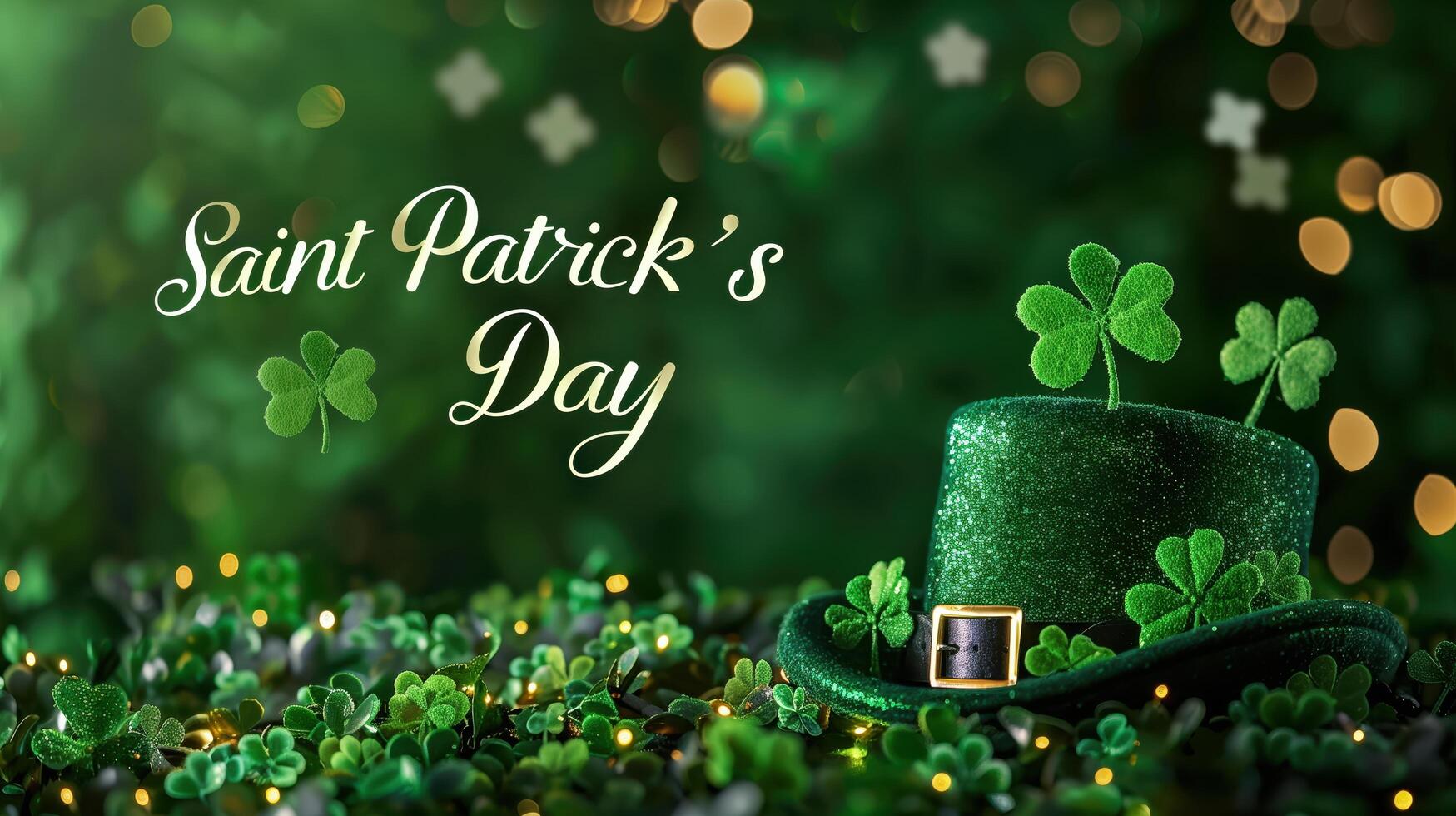 Festive saint patrick's day atmosphere leprechaun hat resting on a bed of shamrocks surrounded by golden bokeh lights photo