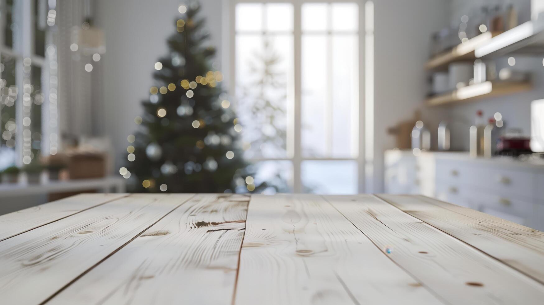 Wooden tabletop featuring product display space with a backdrop of a christmas tree photo