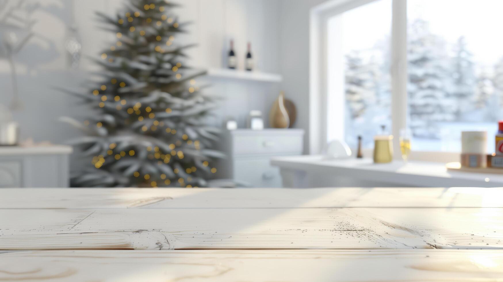 Empty wooden table illuminating by sunlight with christmas tree background for product display photo