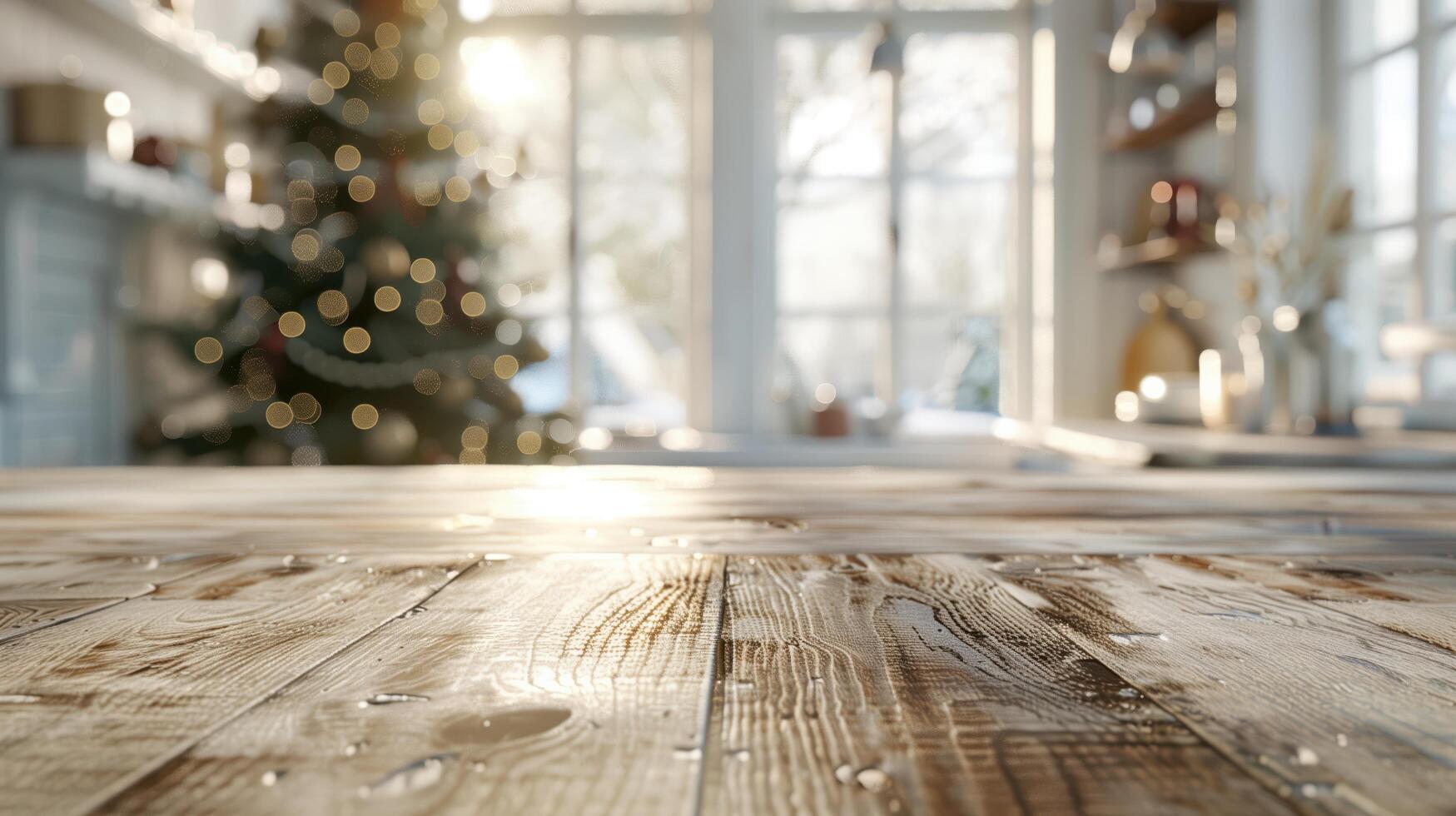 Rustic wooden tabletop with a blurry christmas tree in the background, perfect for displaying your products photo