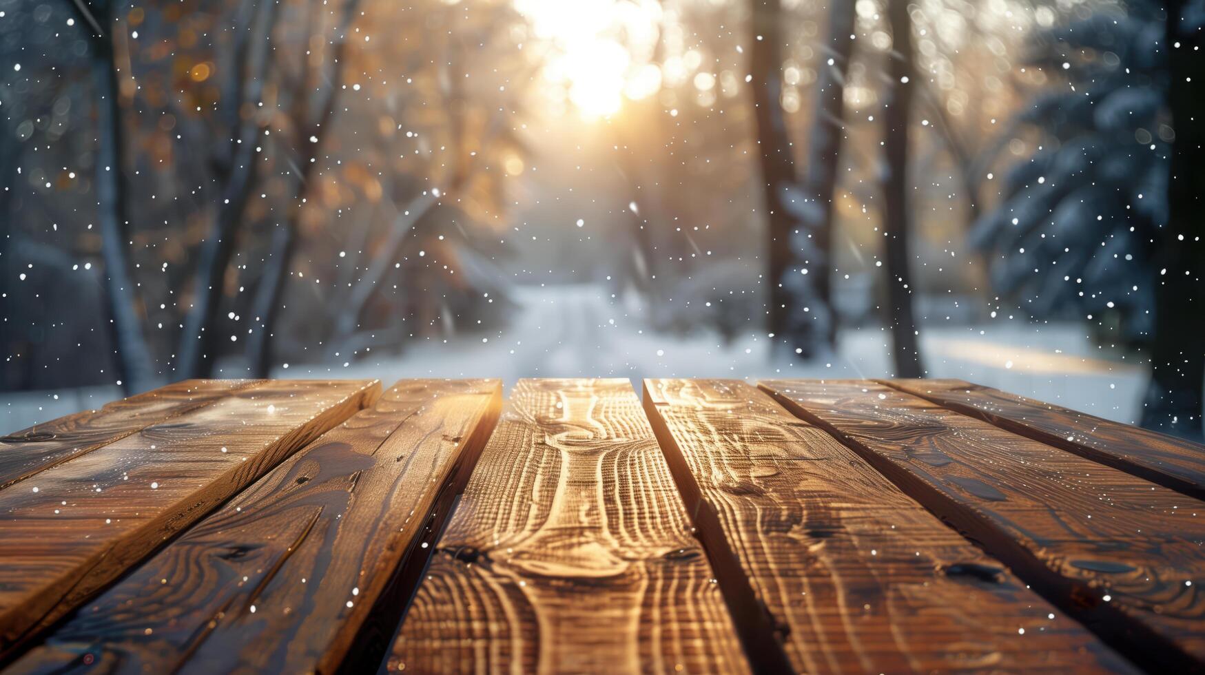 Empty wooden table with falling snow and winter forest background illuminated by the setting sun photo