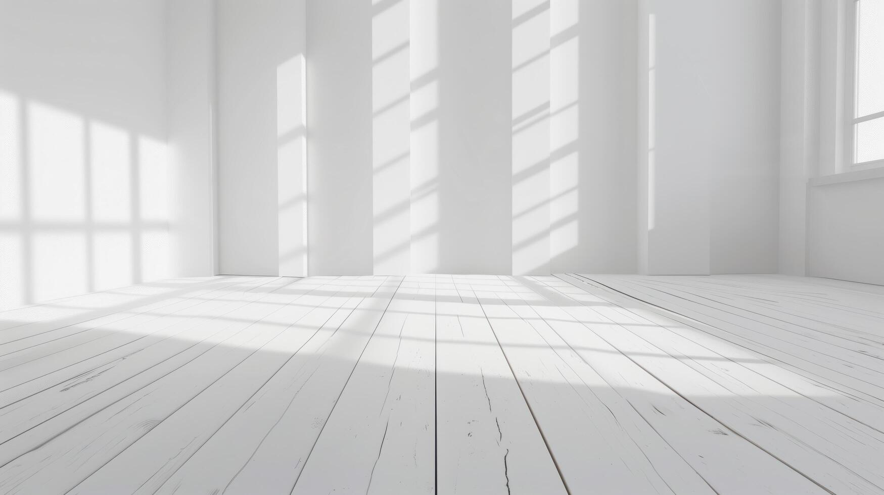 Sunlight is casting shadows from windows in an empty white room with white wood floor photo