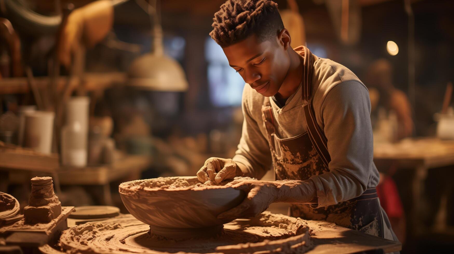 In his workshop, a young potter skillfully molds a clay bowl on a pottery wheel photo