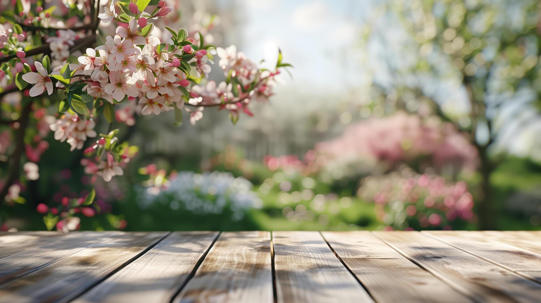Wooden tabletop ready for product display with stunning spring garden backdrop photo