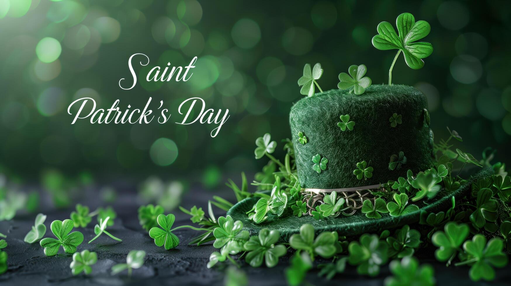 Saint patrick's day greeting card with a leprechaun hat decorated with shamrocks, on a green background with bokeh photo
