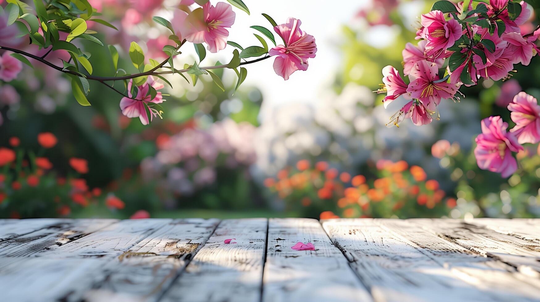 Serene and inviting atmosphere created by pink flowers hanging over an empty wooden table in a garden photo