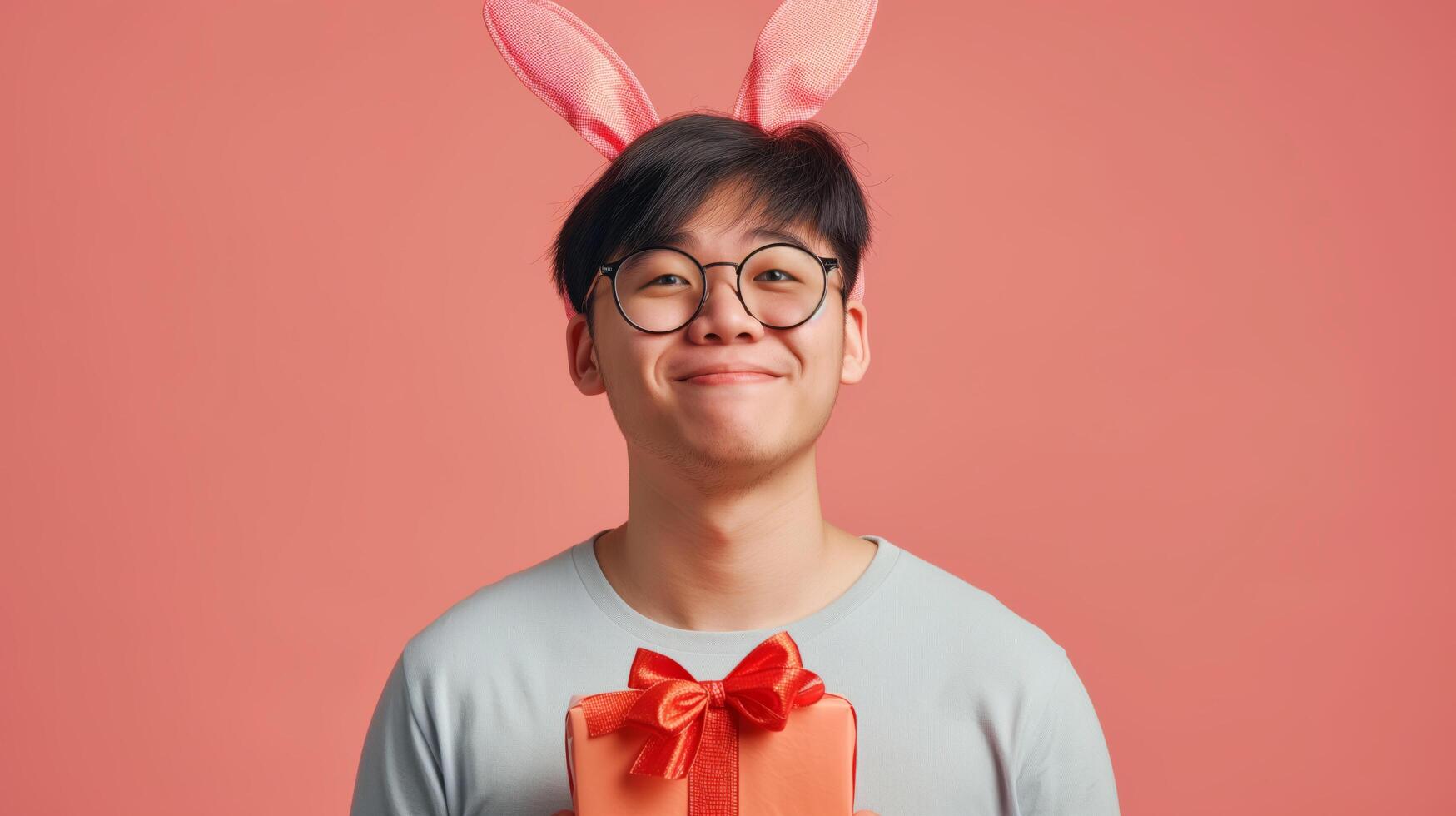 Photo of cheerful, positive Asian man with rabbit ears holding easter gift isolated on pastel color background with copy space