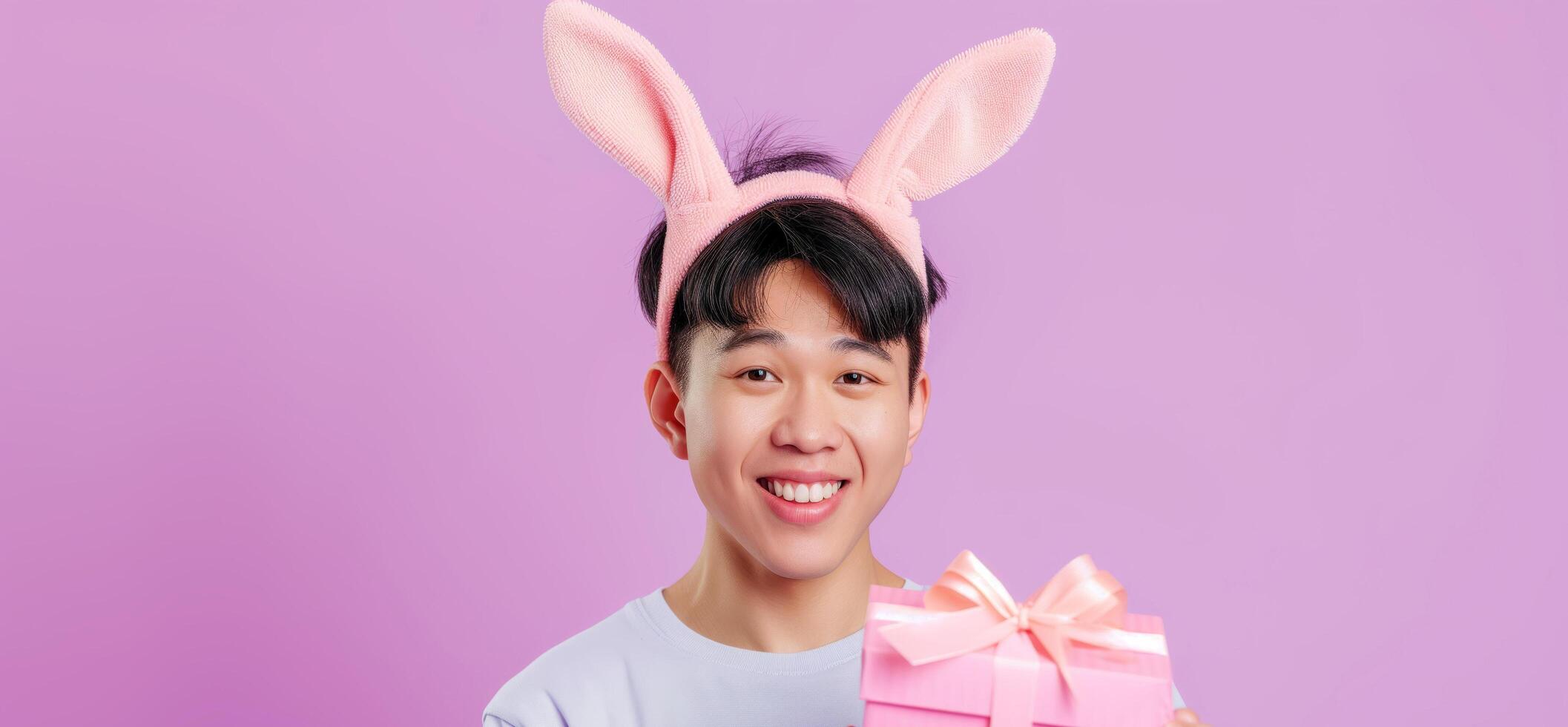 Photo of cheerful, positive Asian man with rabbit ears holding easter gift isolated on pastel color background with copy space