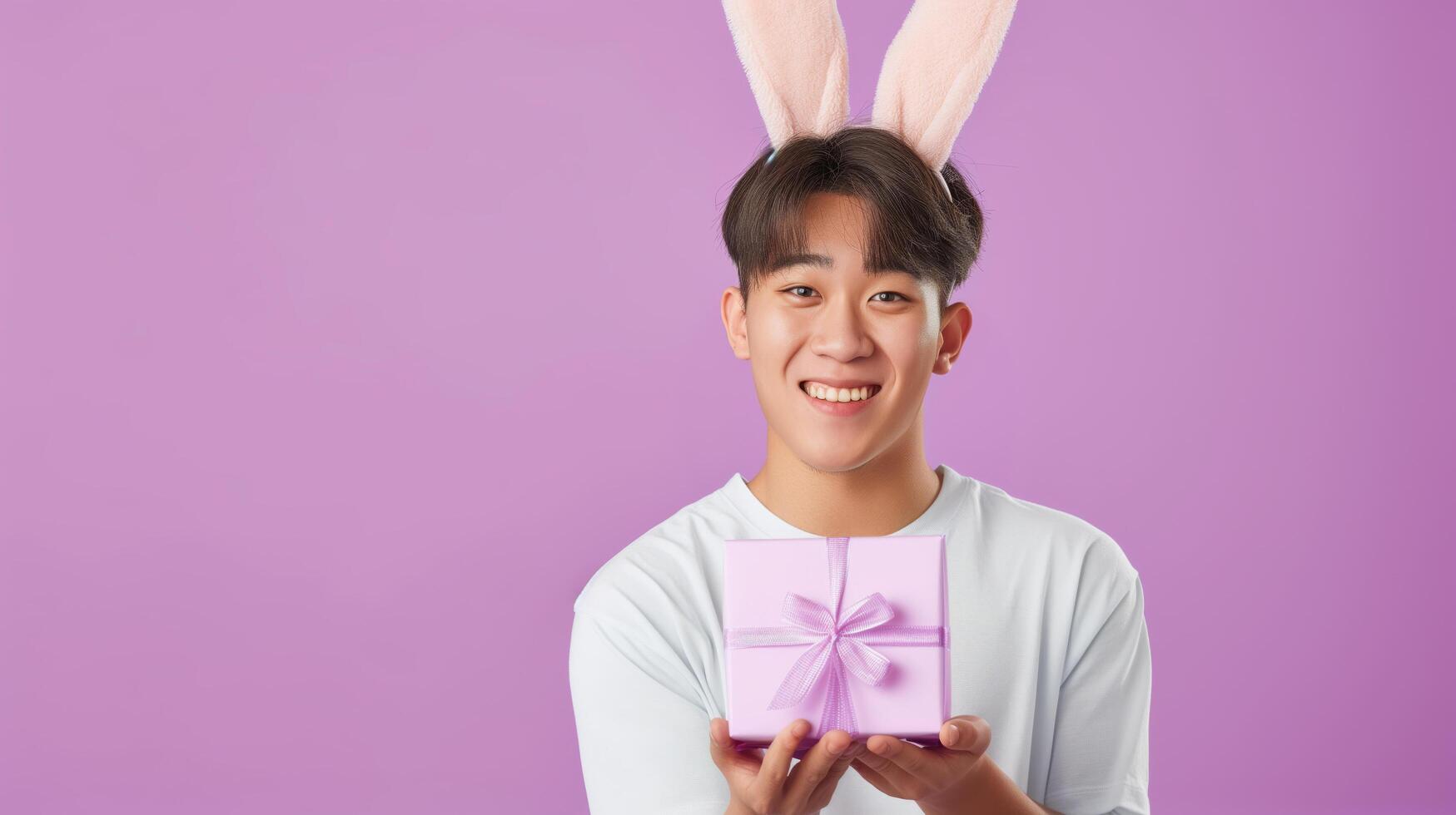 Photo of cheerful, positive Asian man with rabbit ears holding easter gift isolated on pastel color background with copy space