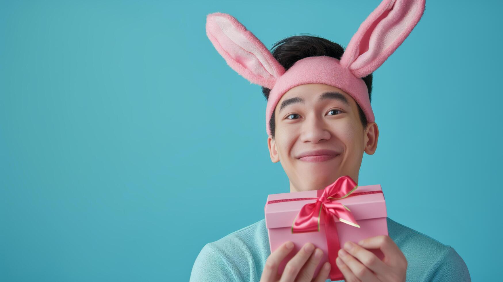 Photo of cheerful, positive Asian man with rabbit ears holding easter gift isolated on pastel color background with copy space