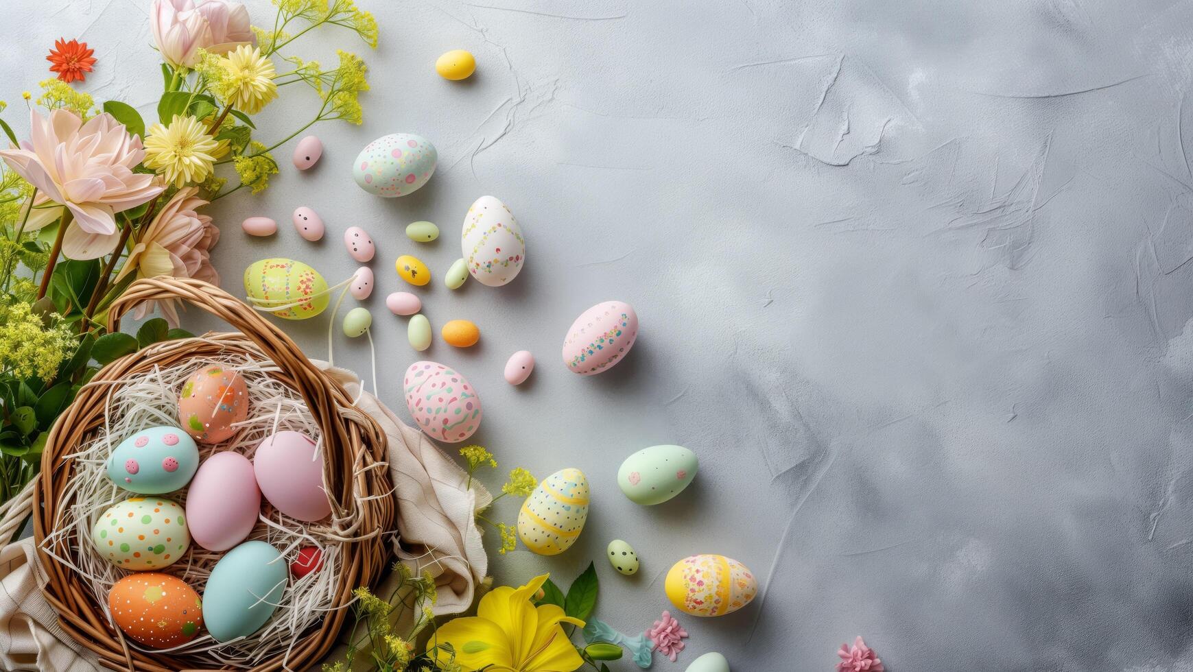 Top view flat lay photo of easter decorations painted pastel eggs and candy in basket, flowers on grey background with copy space
