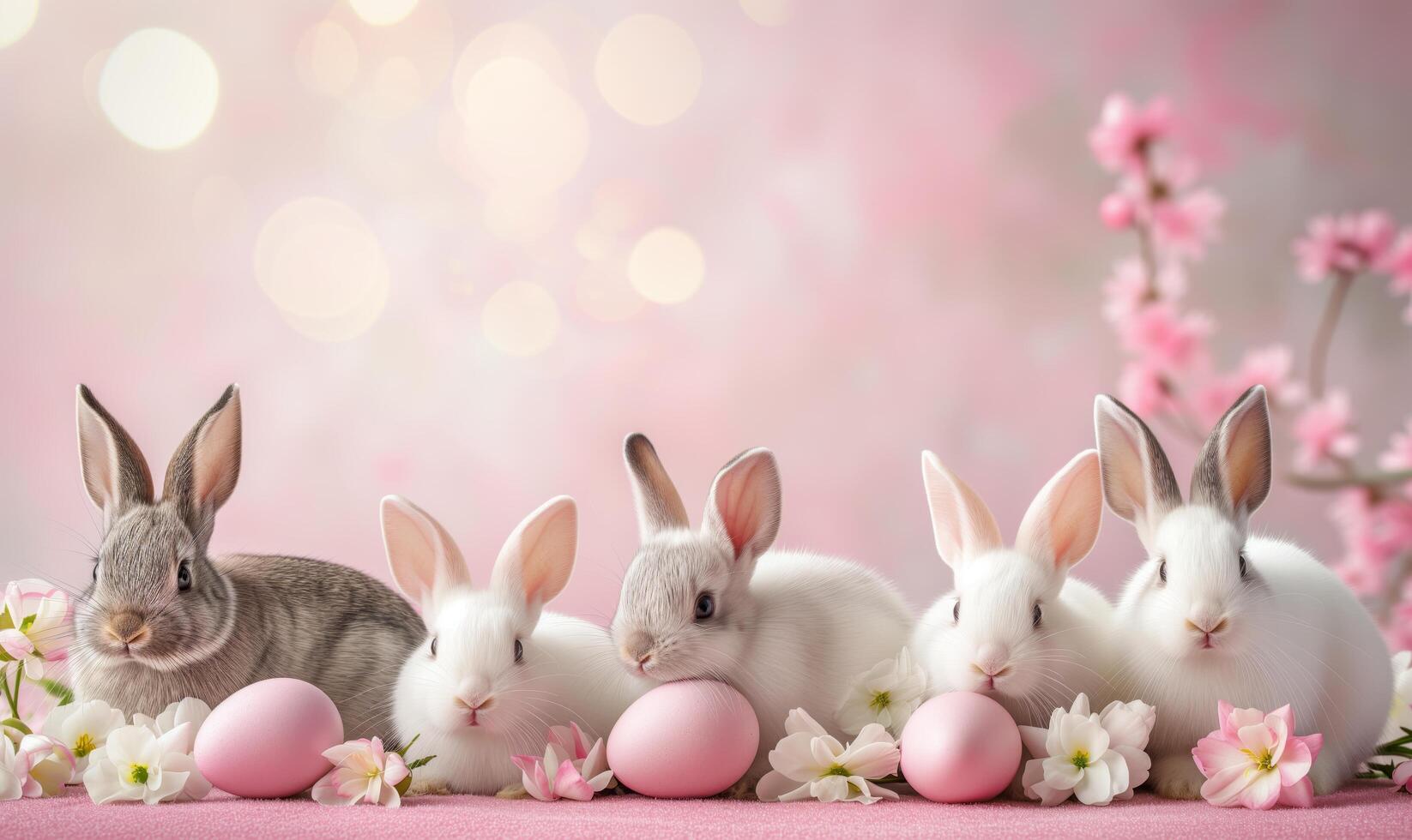 Group of five cute baby bunnies, adorable rabbits with easter eggs and spring flowers on pink pastel background with bokeh photo