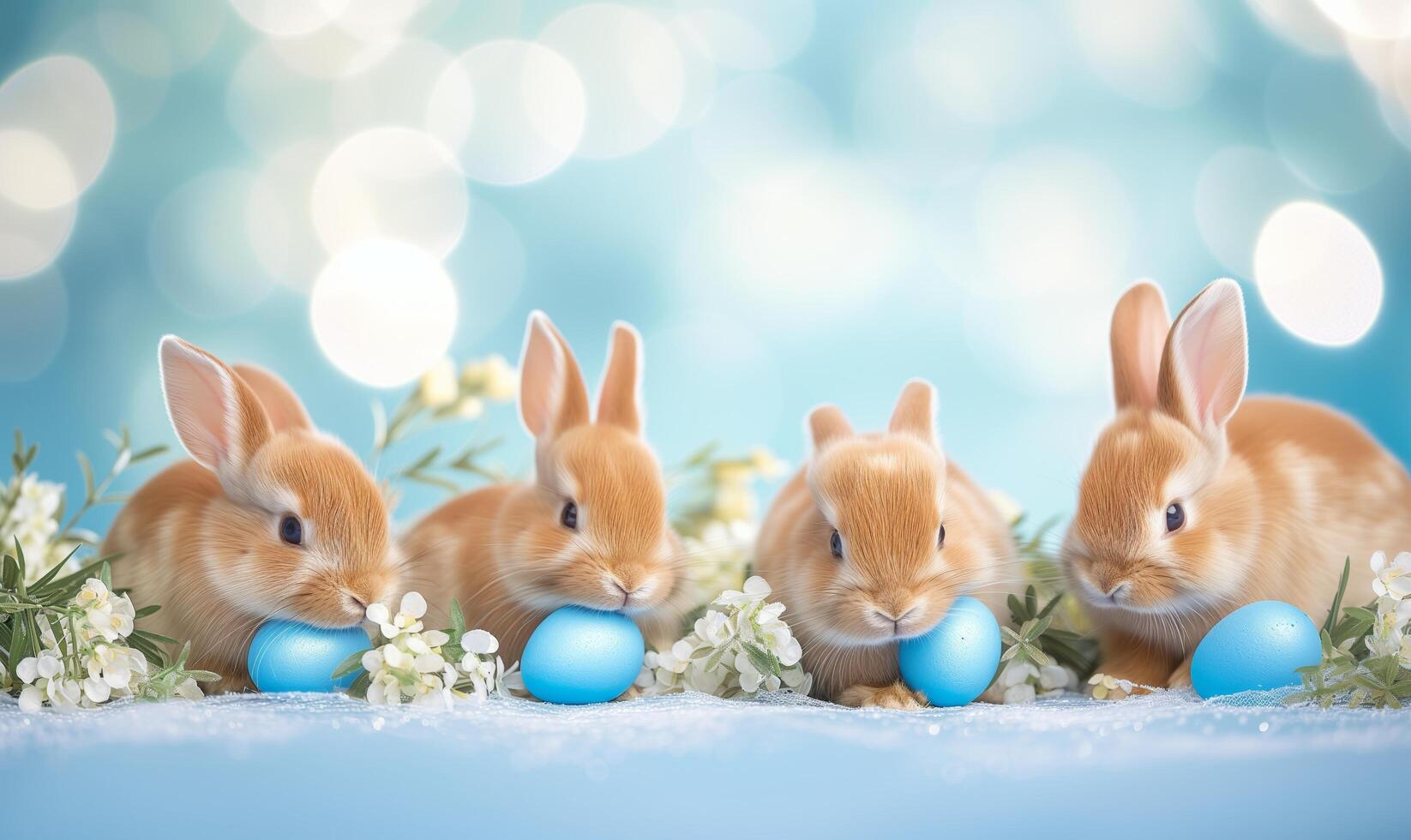 Group of four cute baby bunnies, adorable rabbits with easter eggs and spring flowers on blue pastel background with bokeh photo