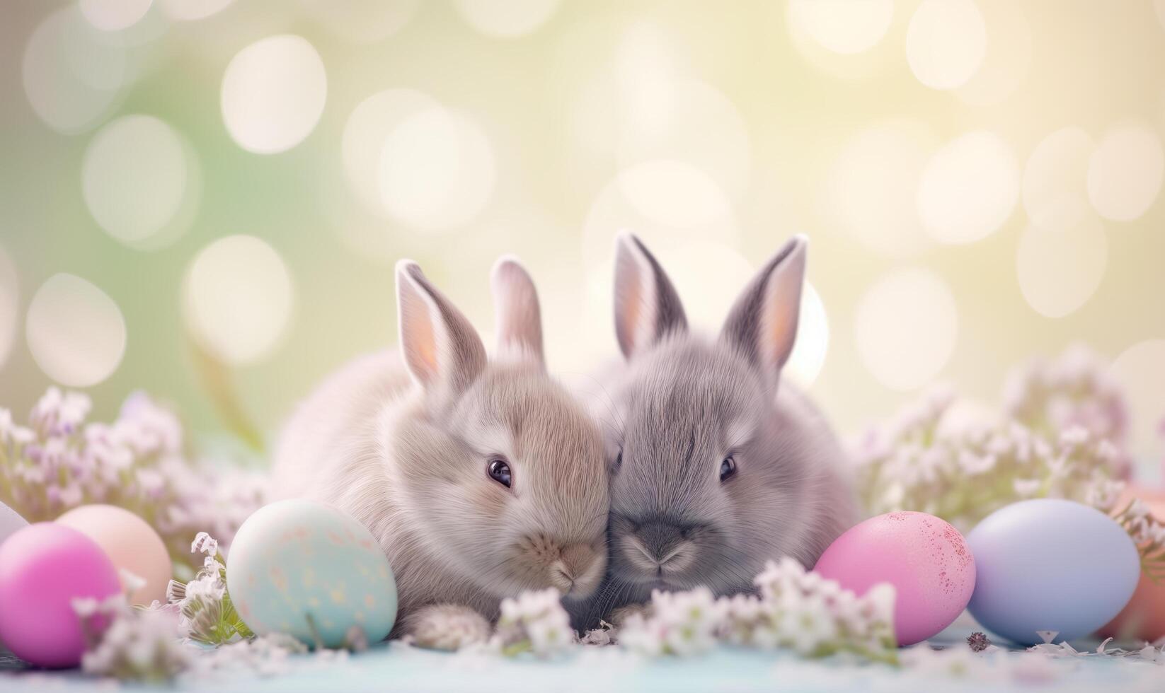 Two cute bunnies, adorable rabbits with easter eggs and spring flowers sitting on pastel background with bokeh photo