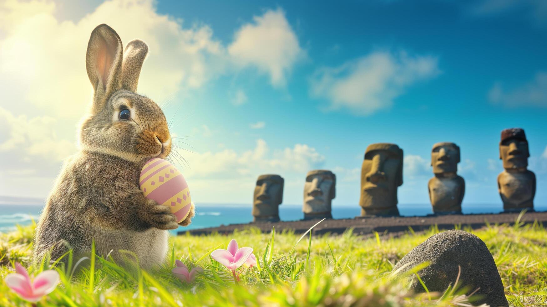 Happy Easter rabbit A Bunny holding Easter egg on Easter Island Rapa Nui against the background of Moai statues photo