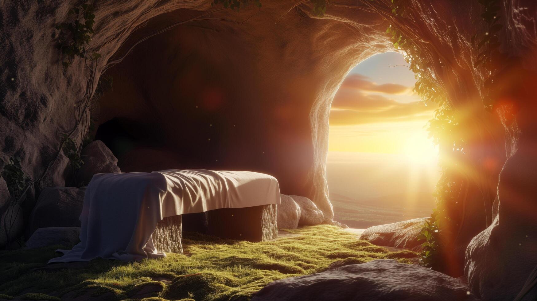 Tomb Empty With Shroud At Sunrise - Resurrection Of Jesus photo