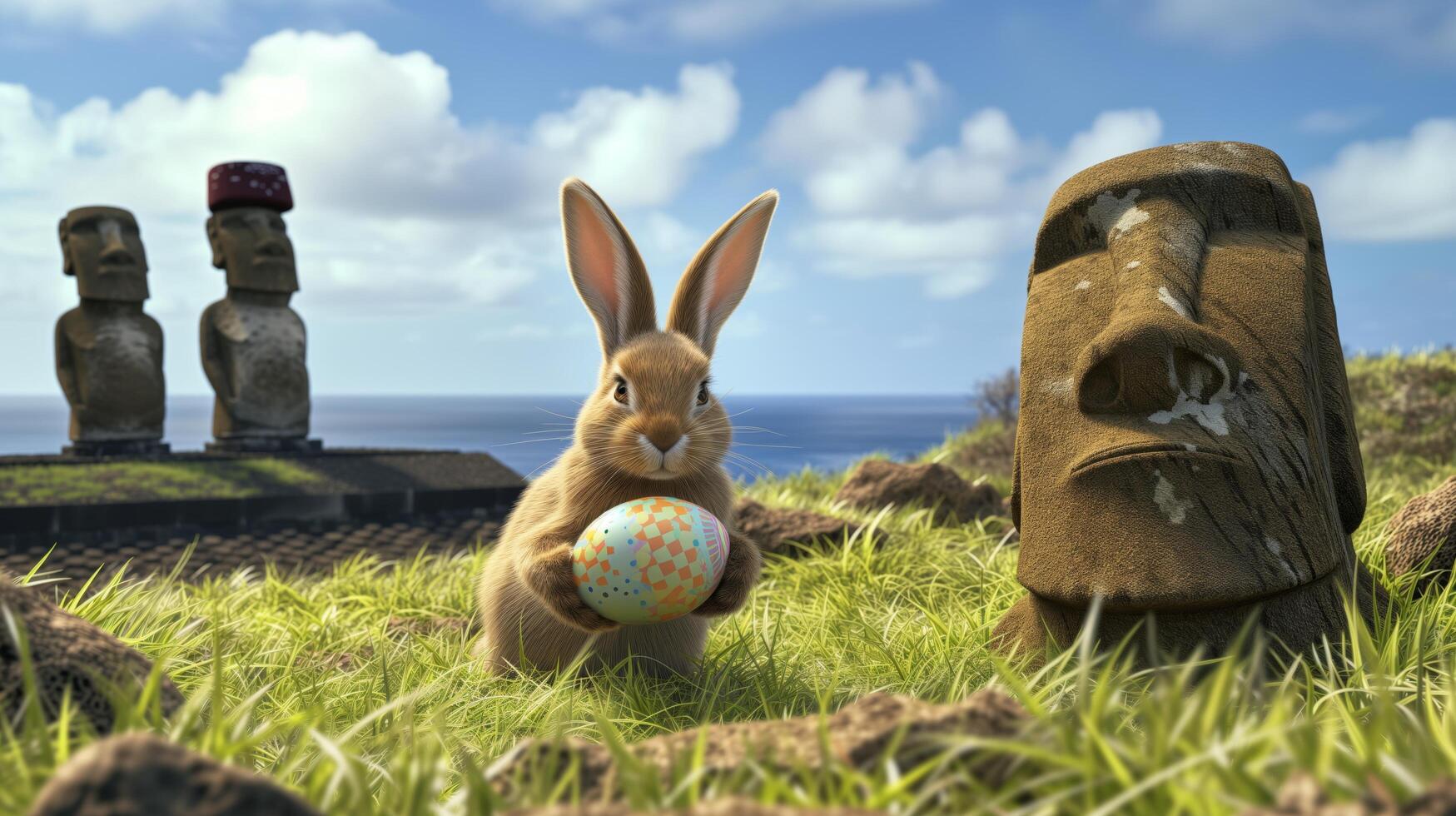Happy Easter rabbit A Bunny holding Easter egg on Easter Island Rapa Nui against the background of Moai statues photo