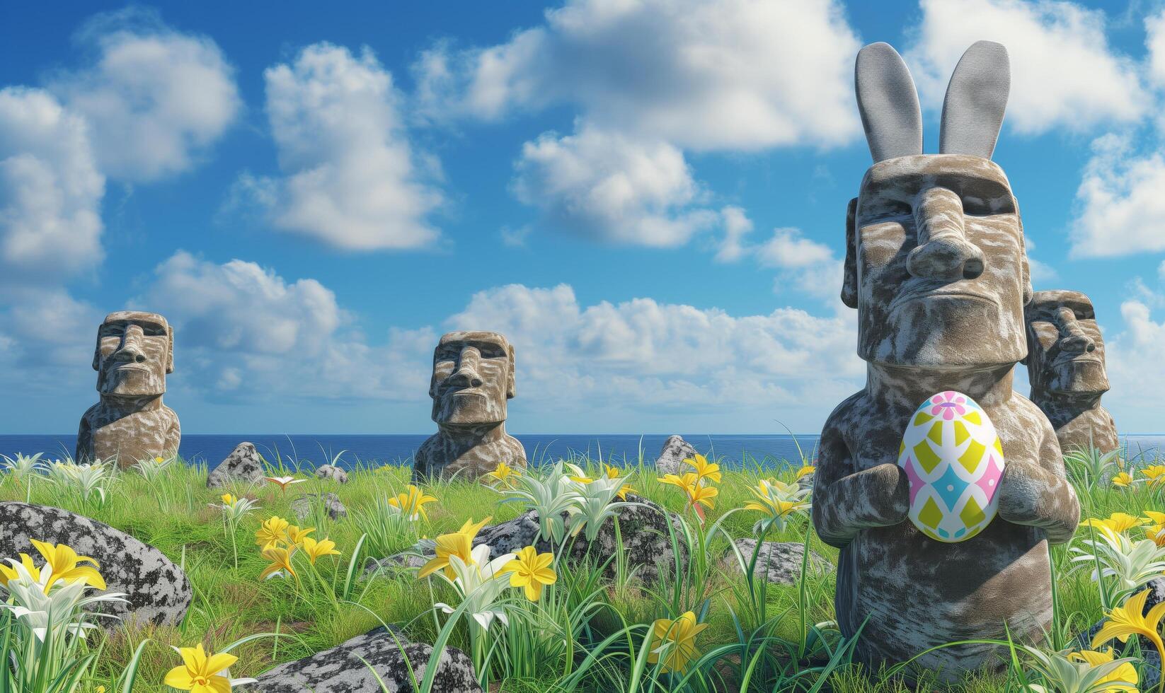 Happy Easter Bunny Stone rabbit Moai holding an Easter egg on Easter Island Rapa Nui with Moai statues in the background photo