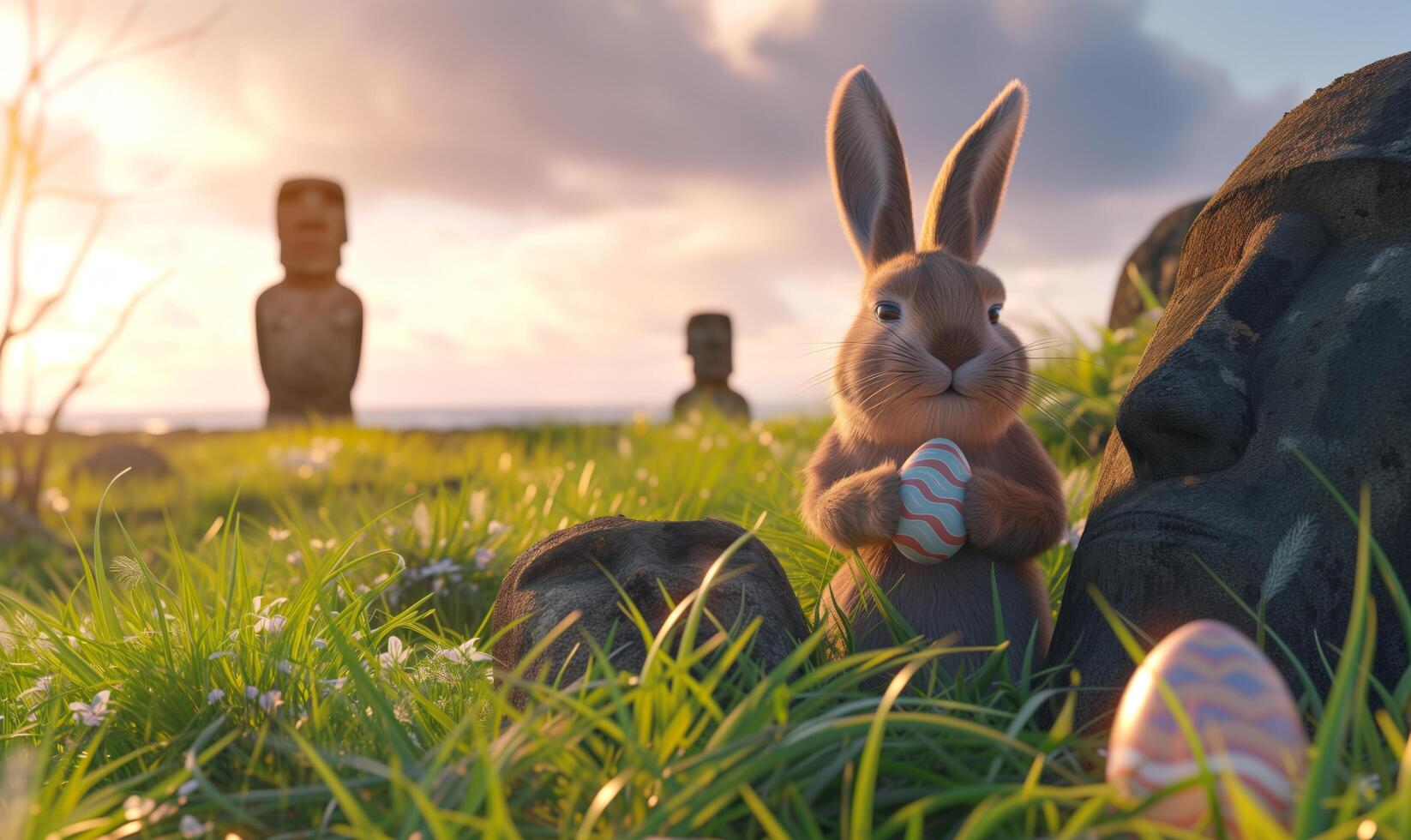 Happy Easter rabbit A Bunny holding Easter egg on Easter Island Rapa Nui against the background of Moai statues photo