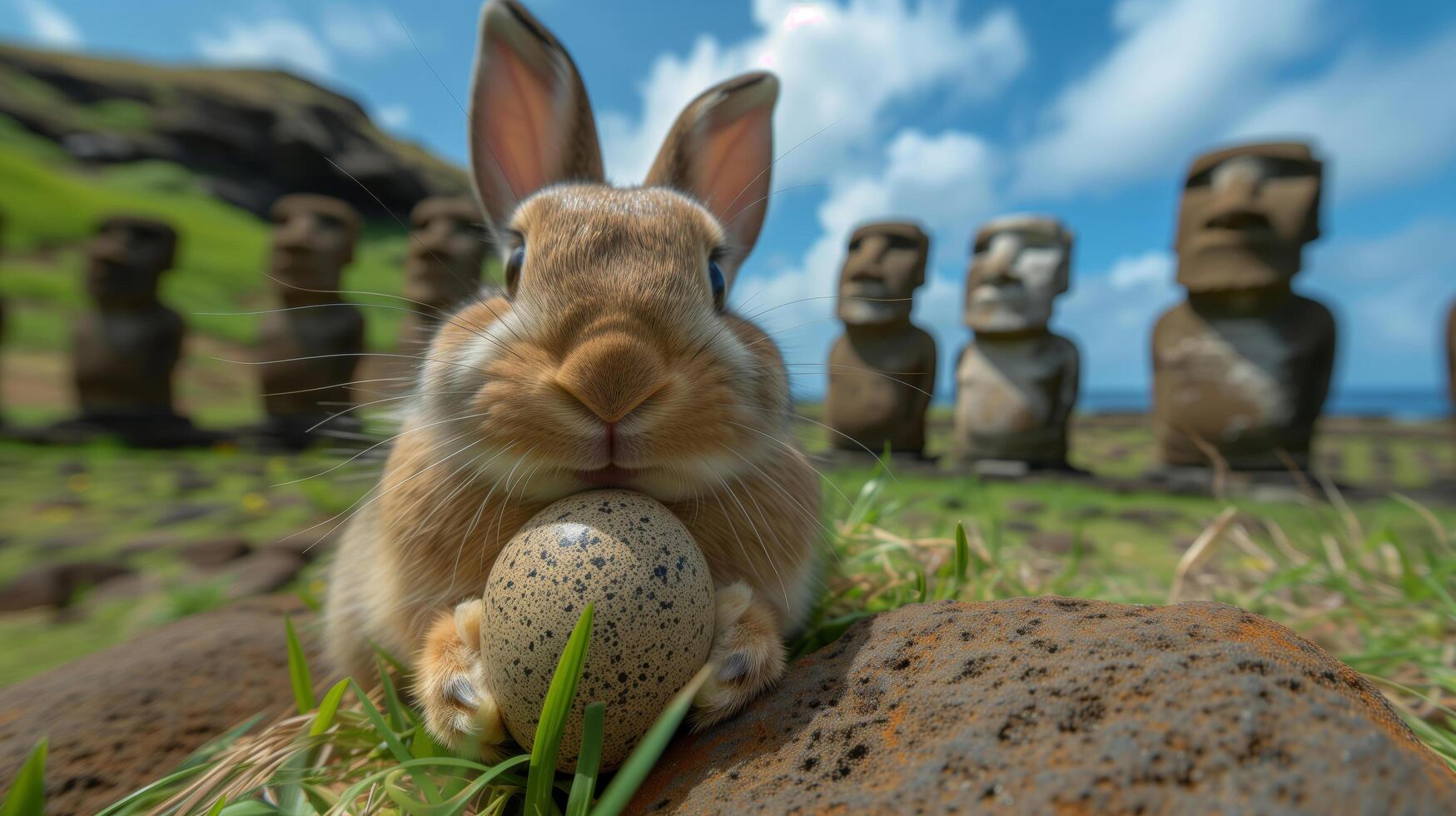 A Bunny holding Easter egg on Easter Island - Rapa Nui against the background of Moai statues photo