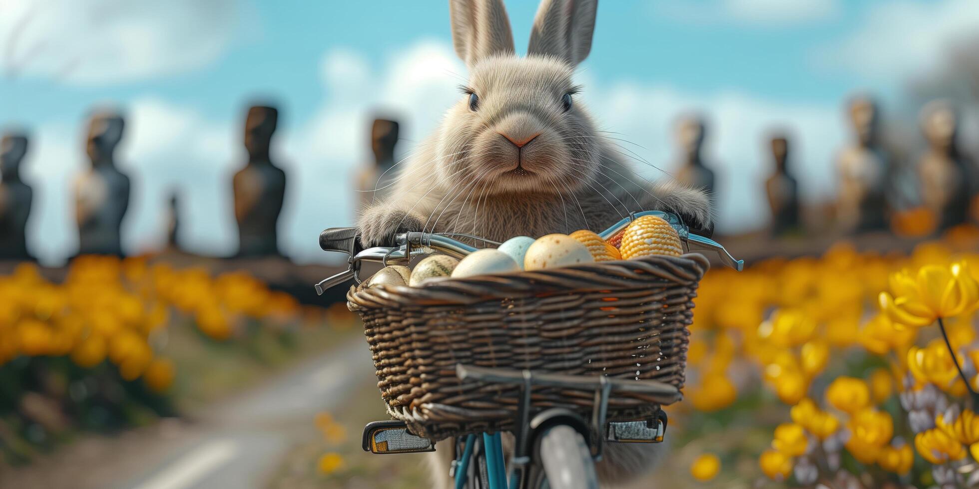 Happy Easter Bunny riding a retro bicycle with a basket of eggs on Rapa Nui Easter Island photo