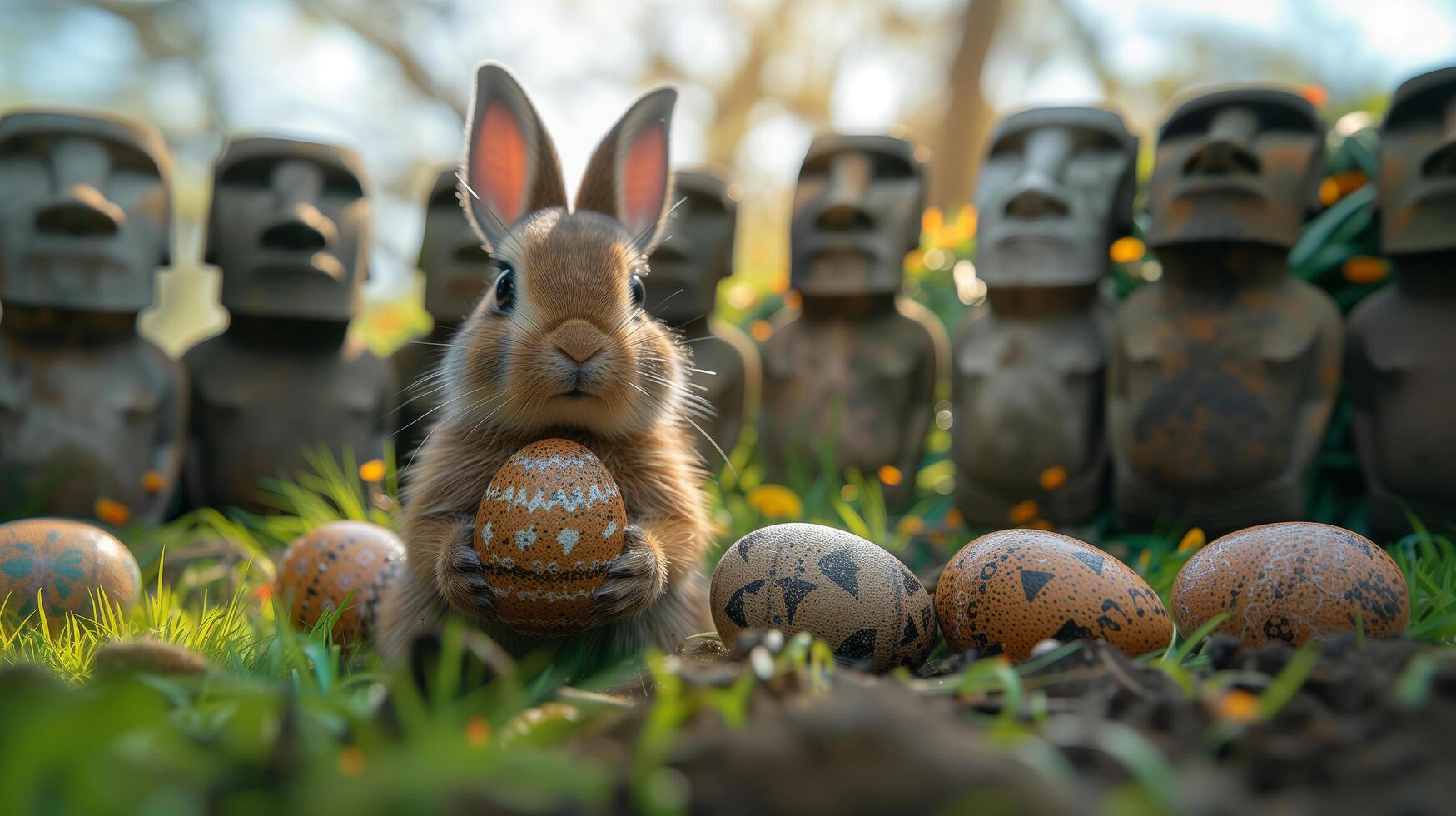 A Bunny holding Easter egg on Easter Island - Rapa Nui against the background of Moai statues photo