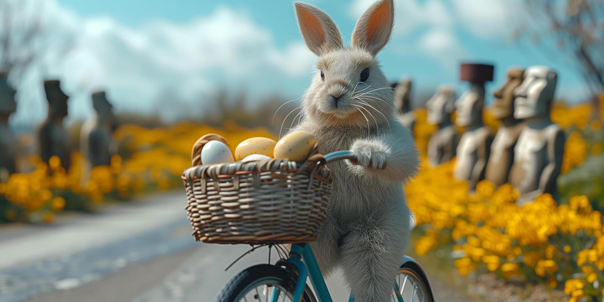Happy Easter Bunny riding a retro bicycle with a basket of eggs on Rapa Nui Easter Island photo