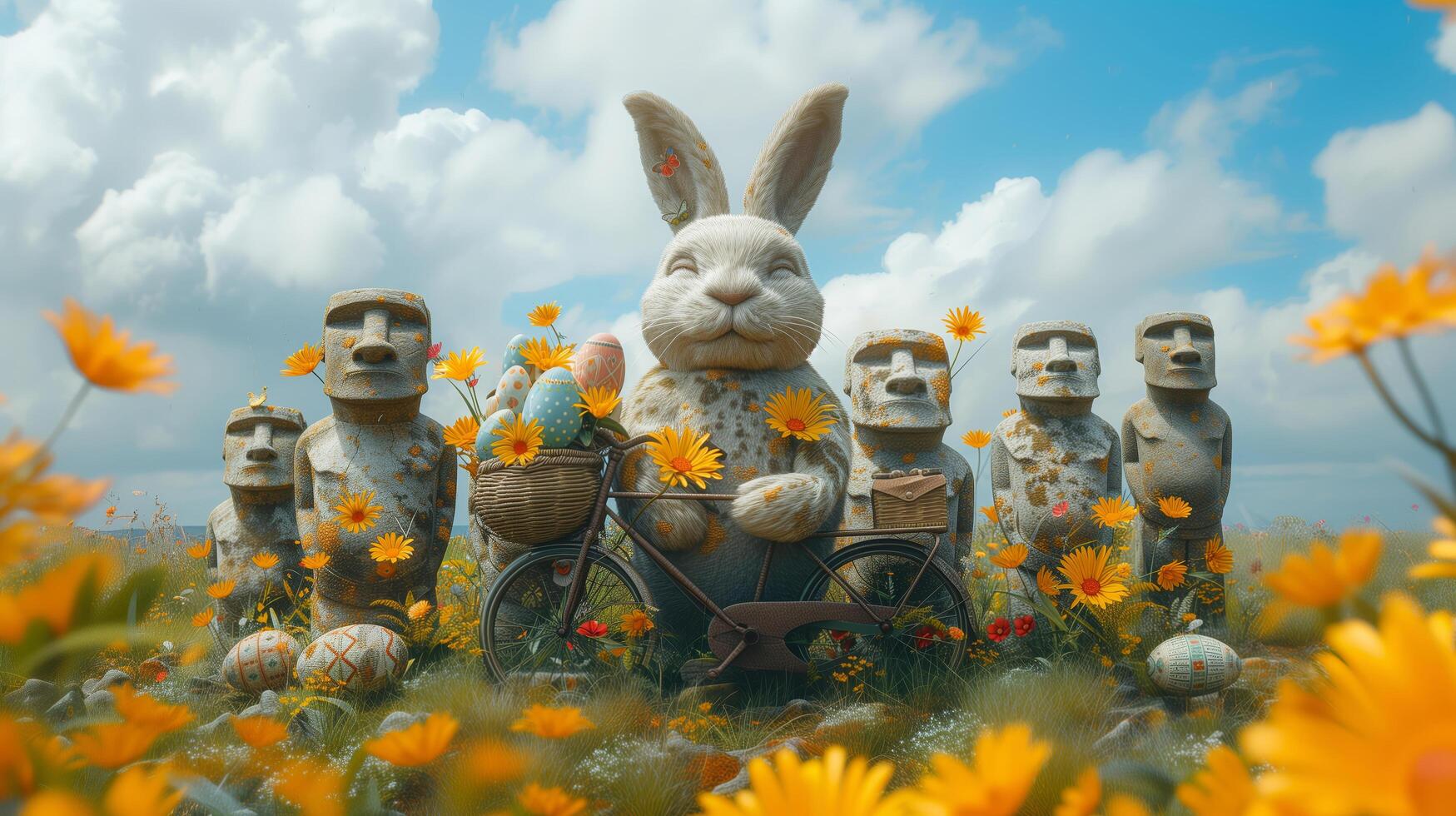Easter bunny and Moai statues, old bicycle with basket of eggs on Easter Island among flowers photo