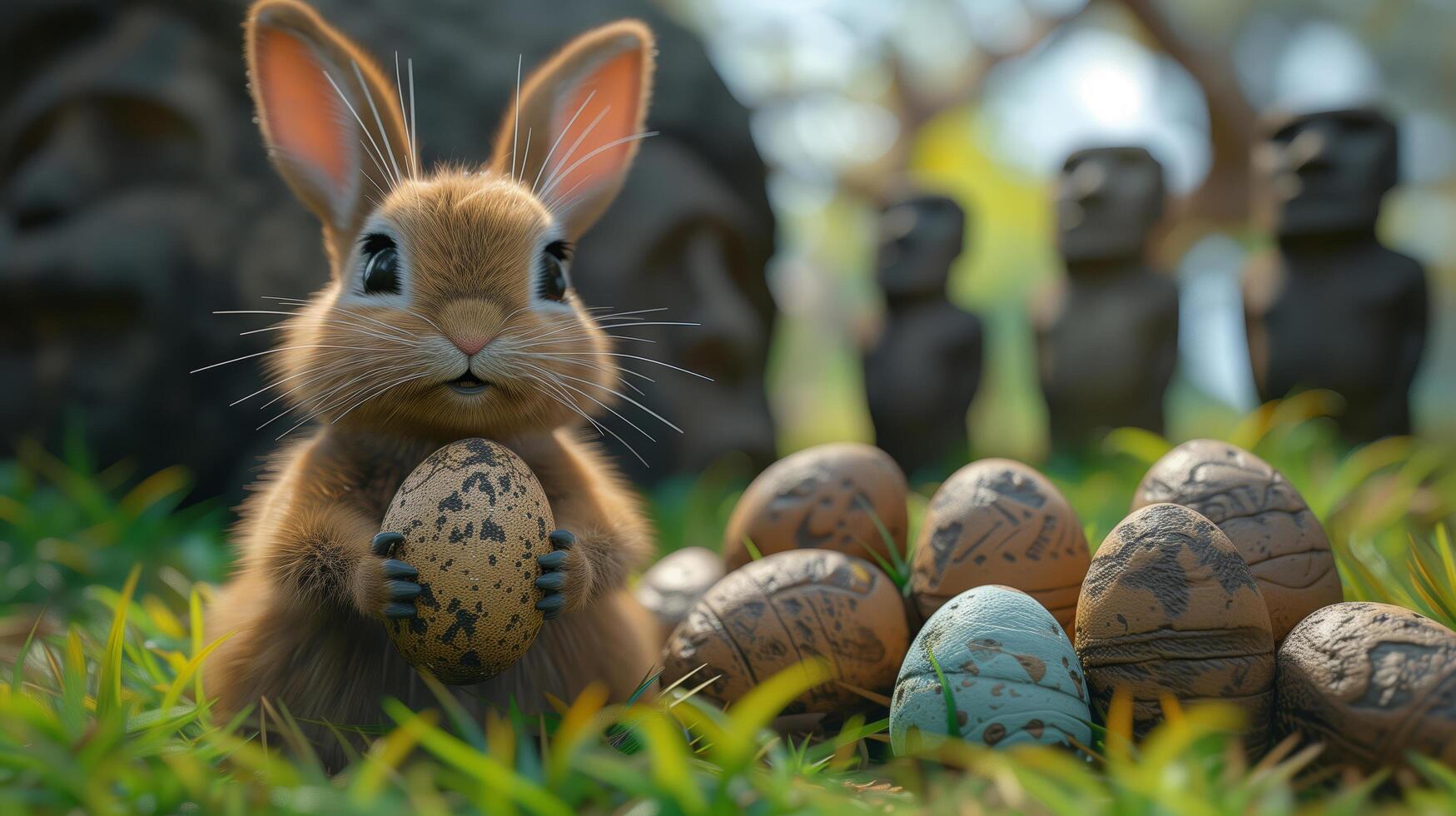 A Bunny holding Easter egg on Easter Island - Rapa Nui against the background of Moai statues photo
