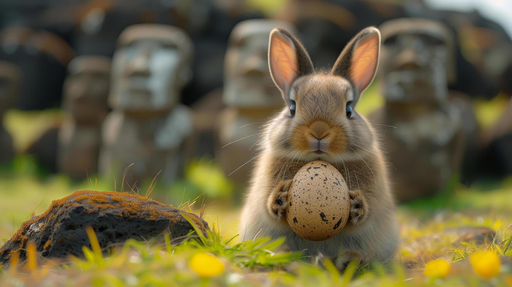 A Bunny holding Easter egg on Easter Island - Rapa Nui against the background of Moai statues photo