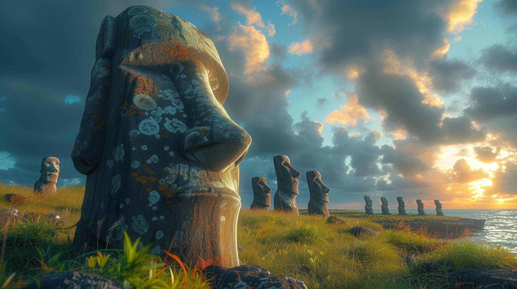 Moais of Ahu Tongariki, Easter island on sunset photo