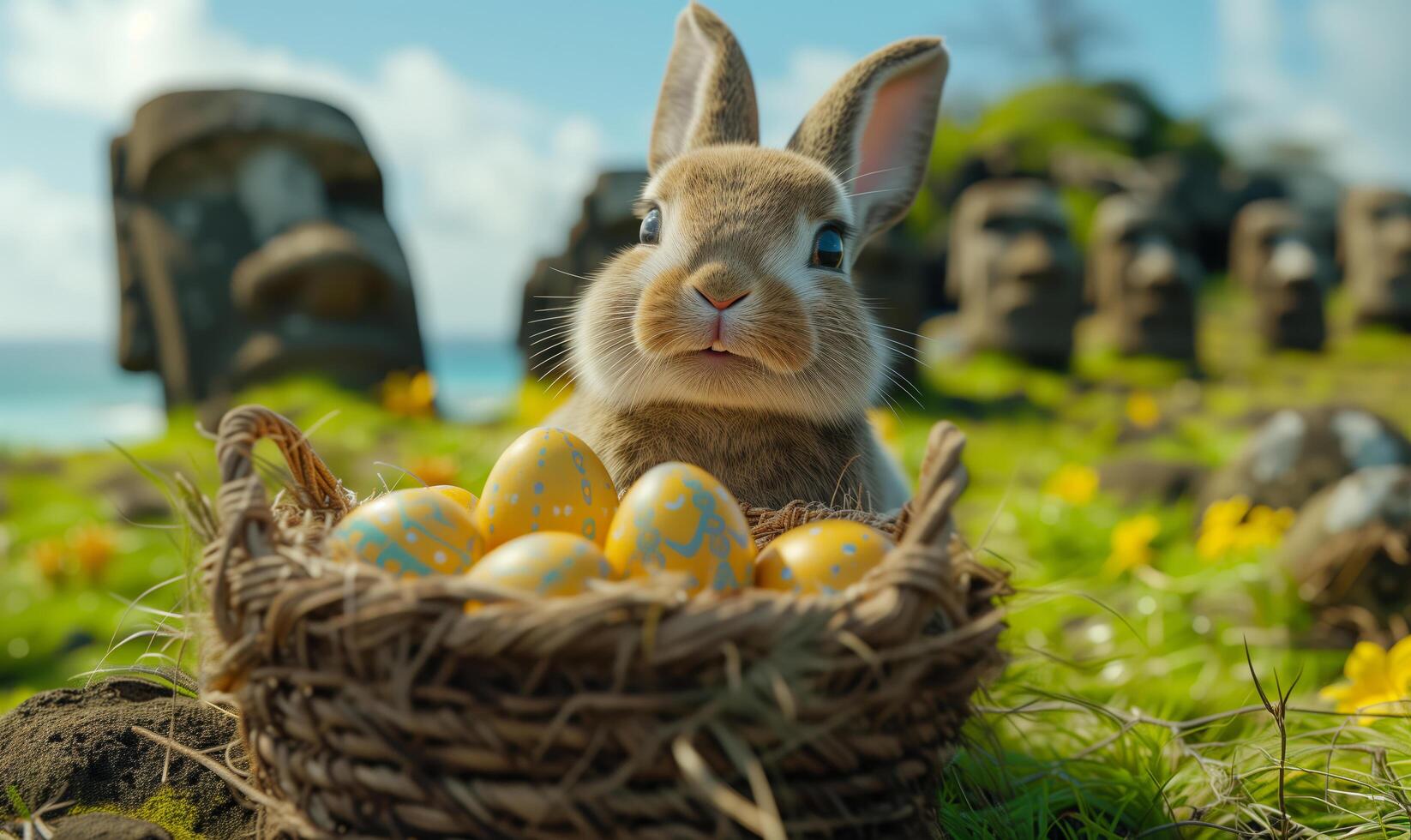 The Easter Bunny stands near a basket of Easter Eggs on the island of Rapa Nui with the Moai statues photo