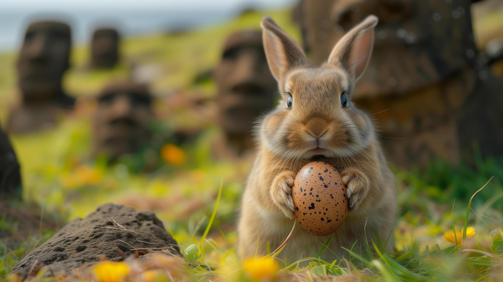 A Bunny holding Easter egg on Easter Island - Rapa Nui against the background of Moai statues photo