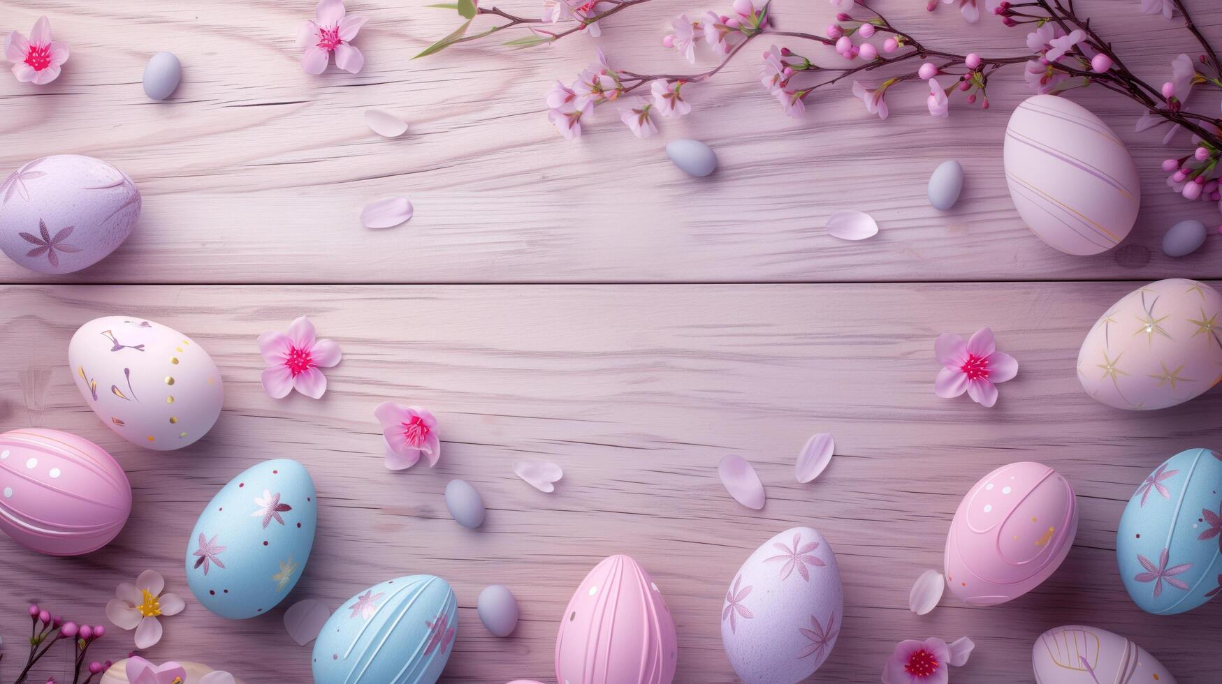Sakura blossom flower, colorful happy easter eggs on wood violet spring background photo