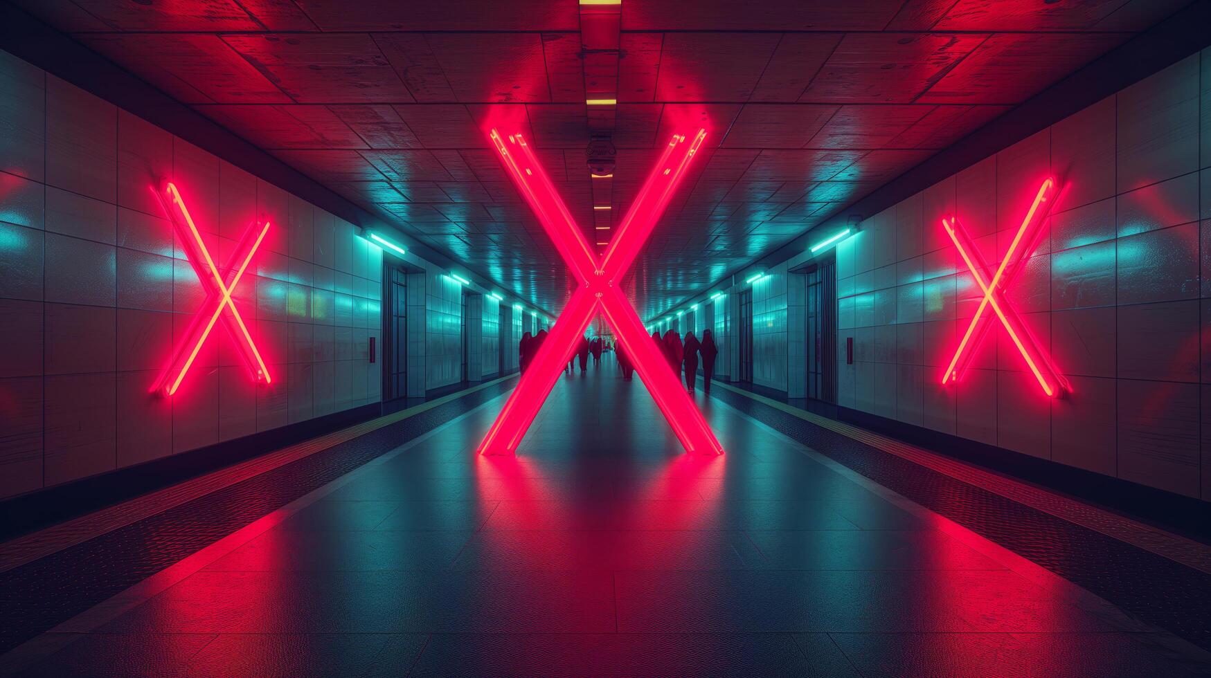 A crowd of people walking in an underground passage with a red letter X that prevents movement - disease X photo
