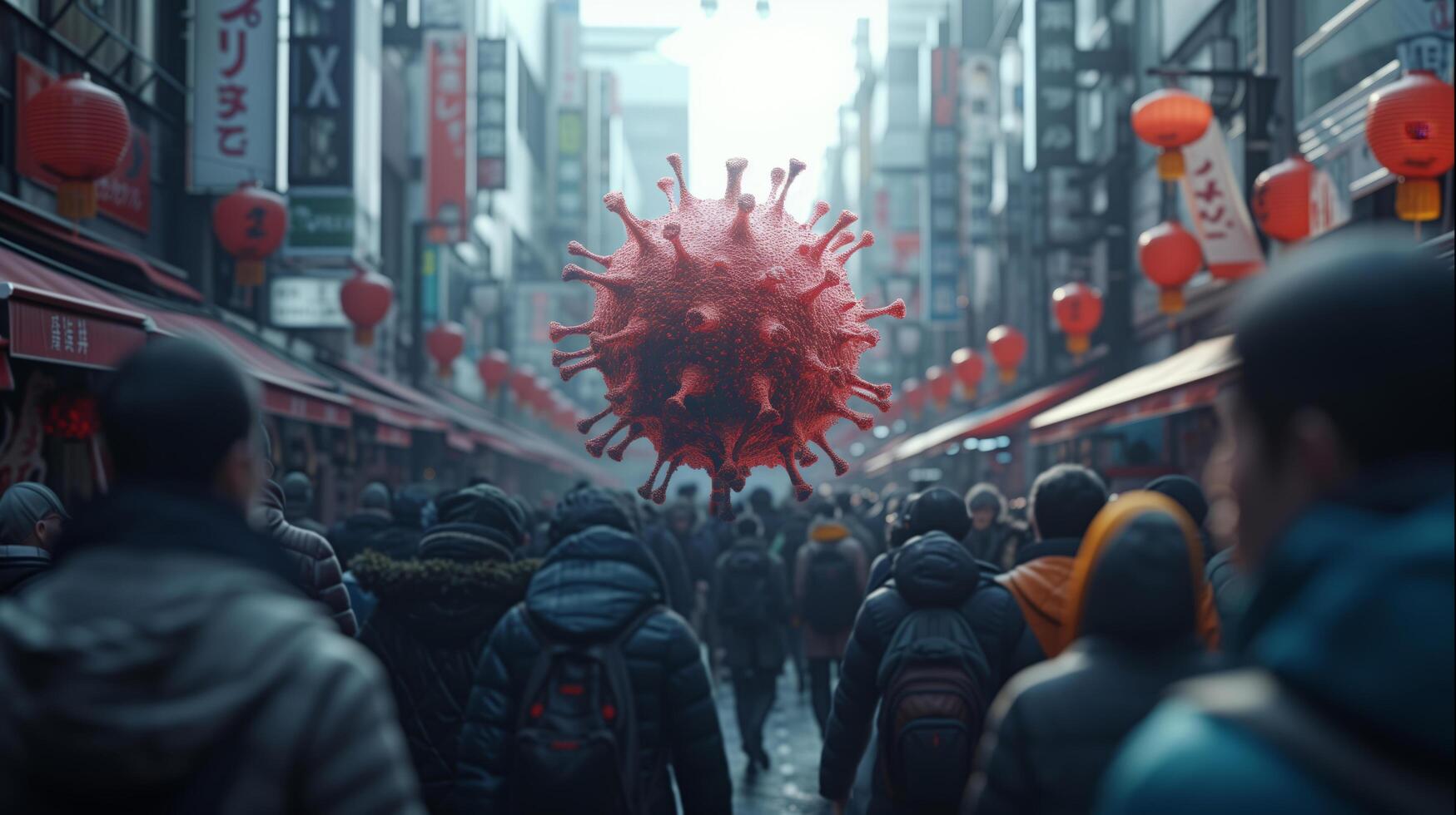Frightened crowd of people in panic amid explosion of new Virus X or Disease X on street of metropolis - back view photo