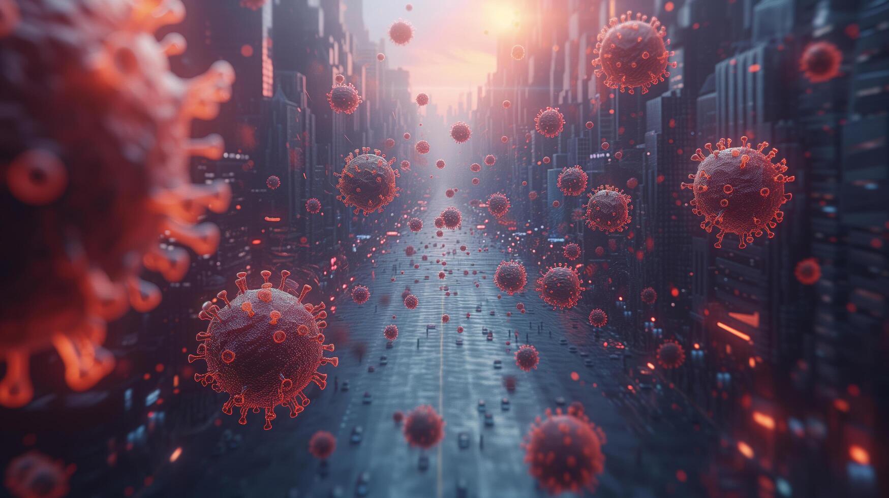 Frightened crowd of people in panic amid explosion of new X virus or X disease looming on streets of metropolis - top view photo