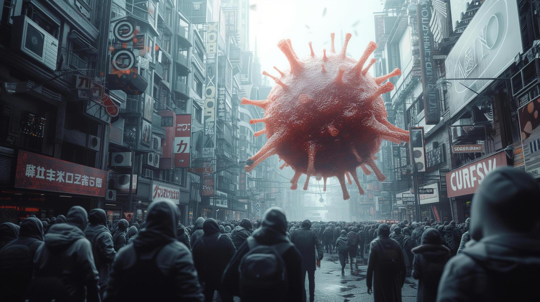 Frightened crowd of people in panic amid explosion of new Virus X or Disease X on street of metropolis - back view photo