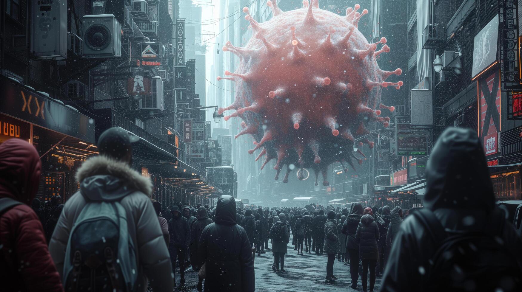 Frightened crowd of people in panic amid explosion of new Virus X or Disease X on street of metropolis - back view photo