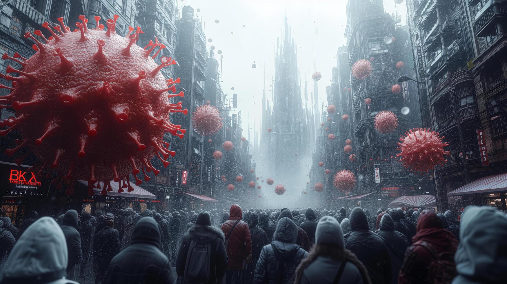 Frightened crowd of people in panic amid explosion of new Virus X or Disease X on street of metropolis - back view photo