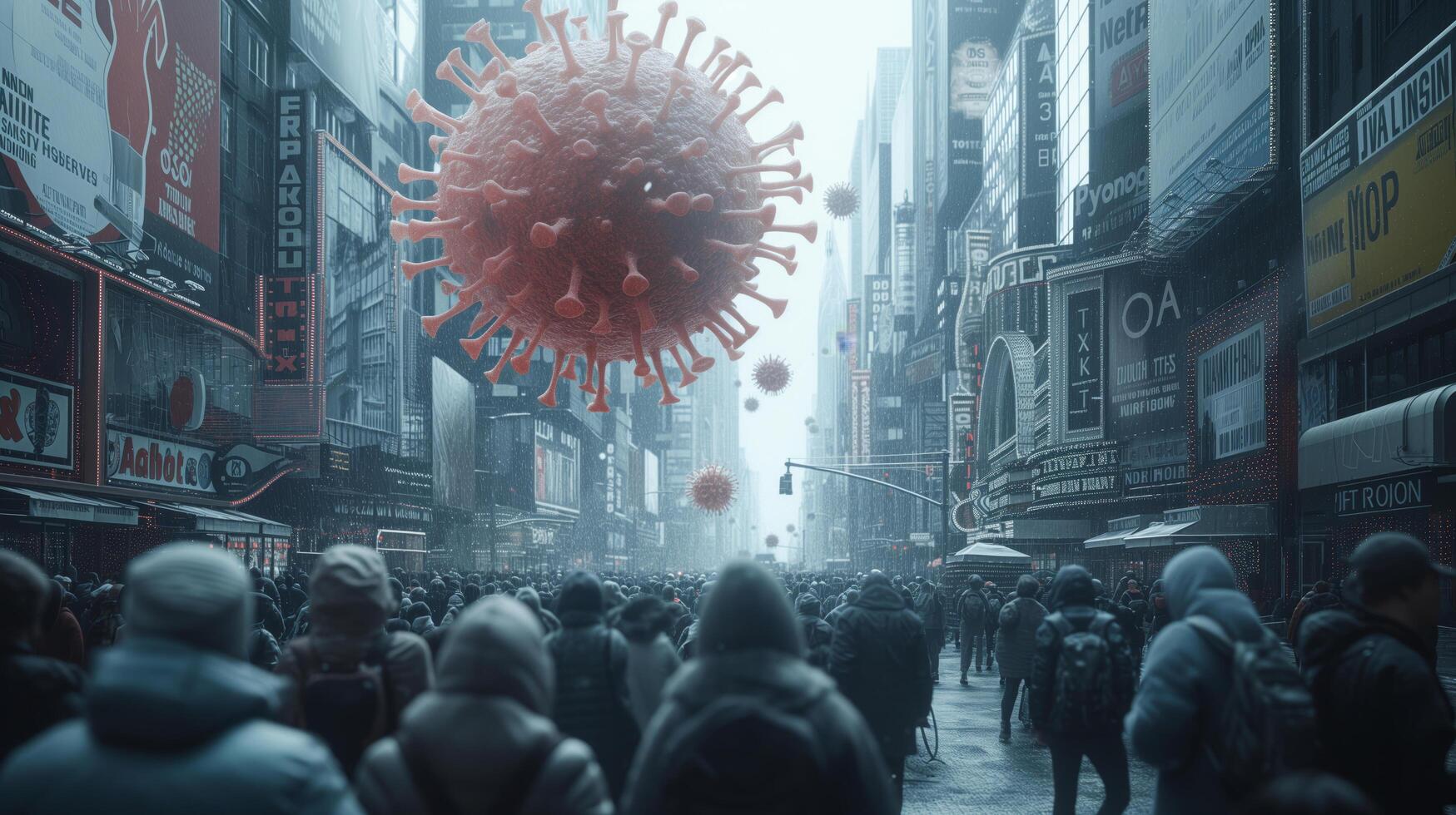 Frightened crowd of people in panic amid explosion of new Virus X or Disease X on street of metropolis - back view photo