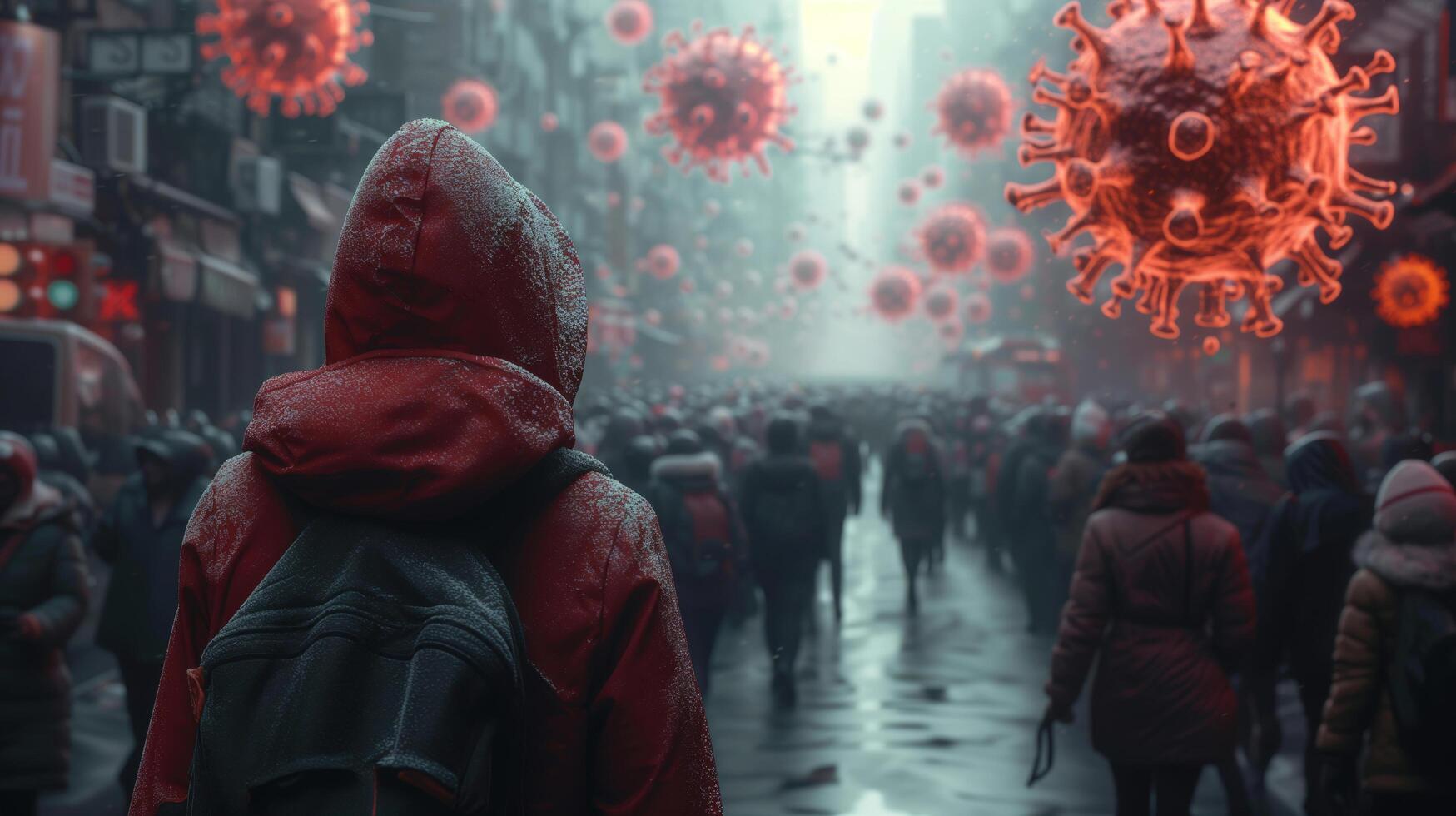 Frightened crowd of people in panic amid explosion of new Virus X or Disease X on street of metropolis - back view photo