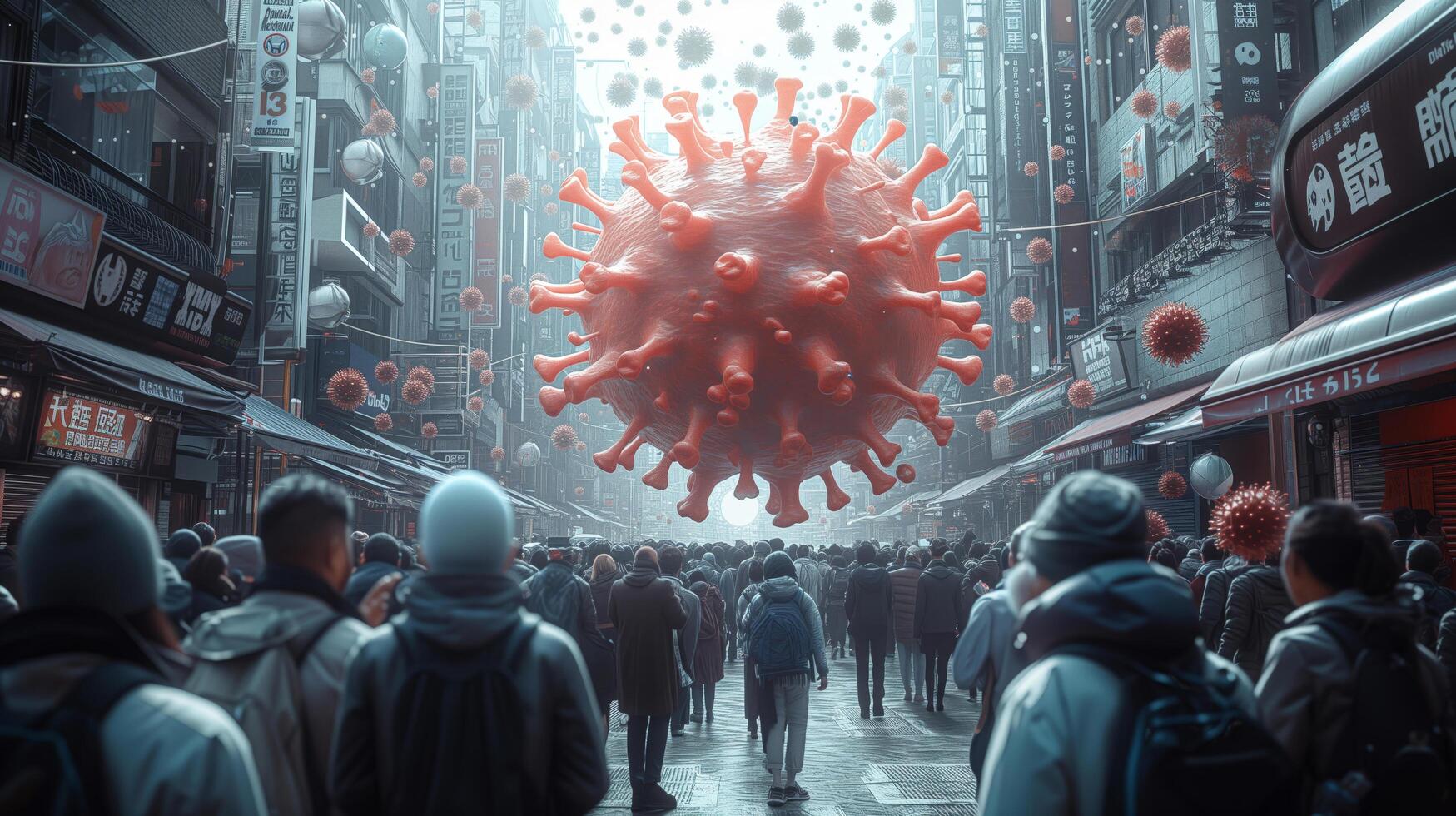 Frightened crowd of people in panic amid explosion of new Virus X or Disease X on street of metropolis - back view photo